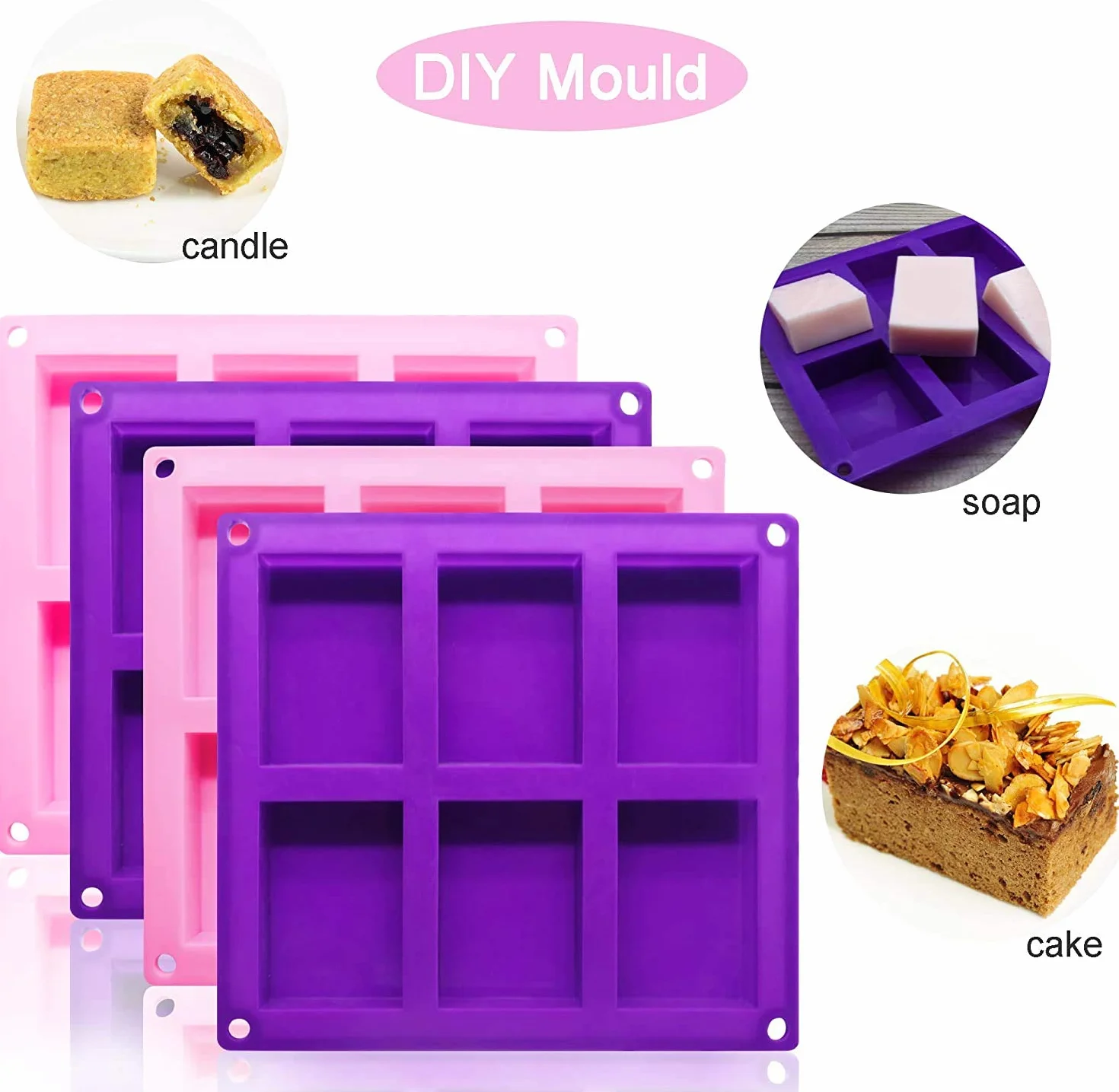 Bangp Stampi rettangolari in silicone, stampi per sapone fatti in casa, torte, pane, stampi da forno, cioccolato, caramelle, cubetti di ghiaccio, portasapone, fai da te