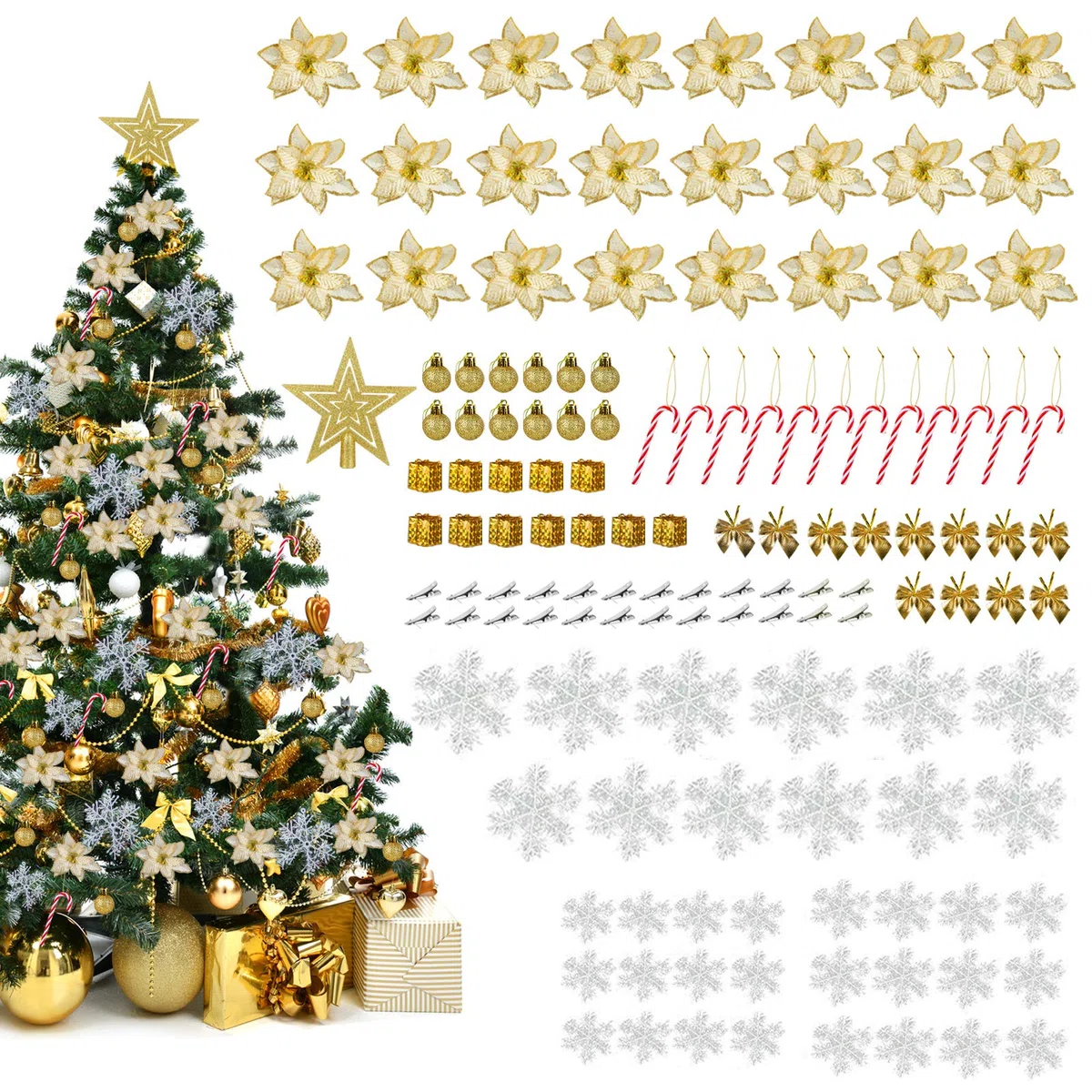 LIHAO Decorazioni Albero di Natale Oro, 133pz Addobbi Con Fiocchi di Neve, Stella, Palline e Fiori per Natale