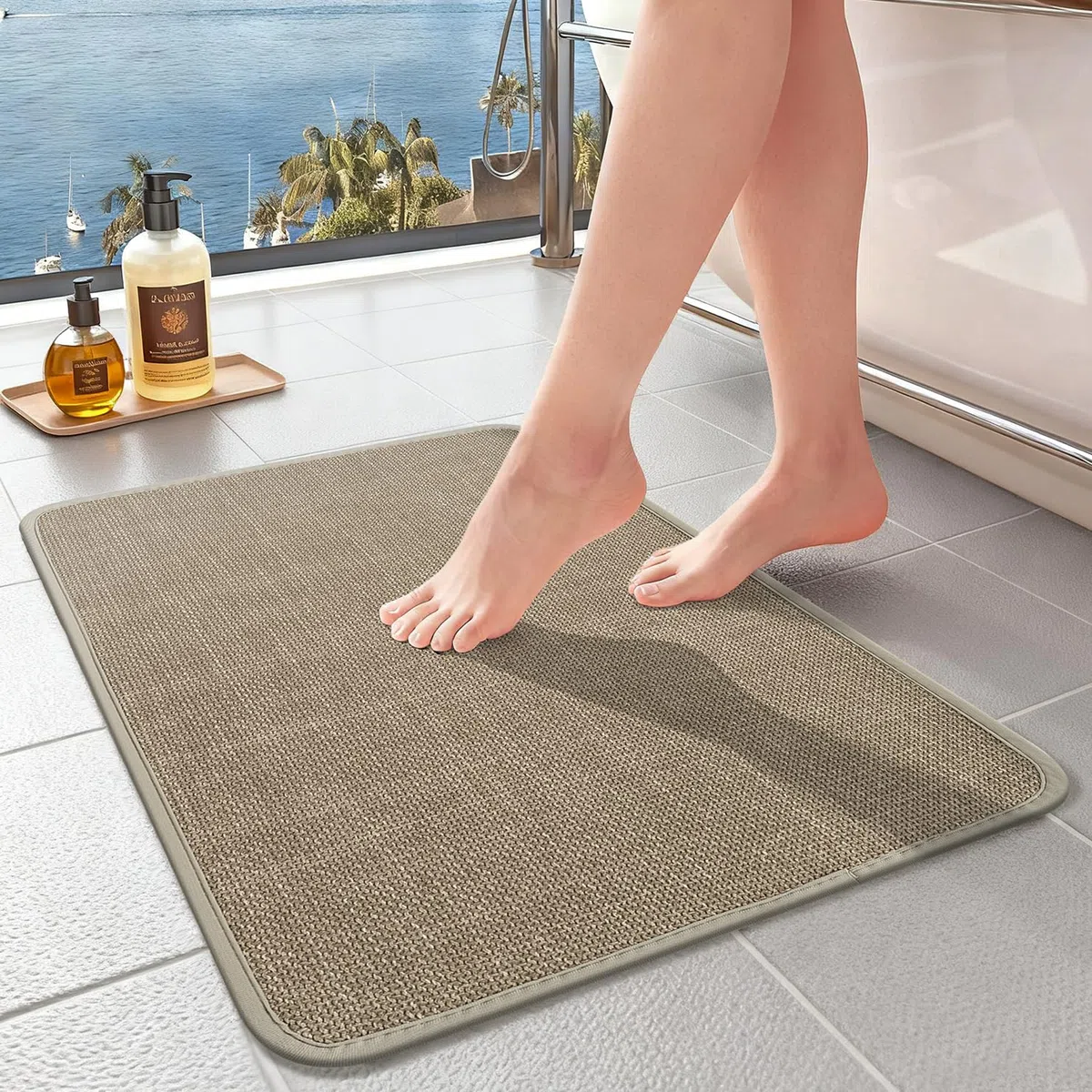 Tappeto Bagno Assorbente,Tappetino Bagno in Lino,Antiscivolo Tappetini da Bagno con Fondo in Gomma,Tappetino da Doccia per Cucina,Baignoire (Beige, 60x90cm)