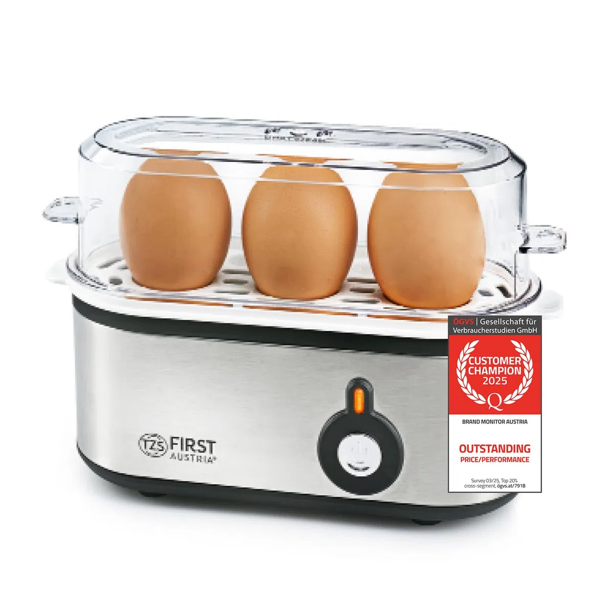 TZS First Austria Cuociuova elettrico 210W, 3 uova, con misurino e foratore, per uova sode e alla coque