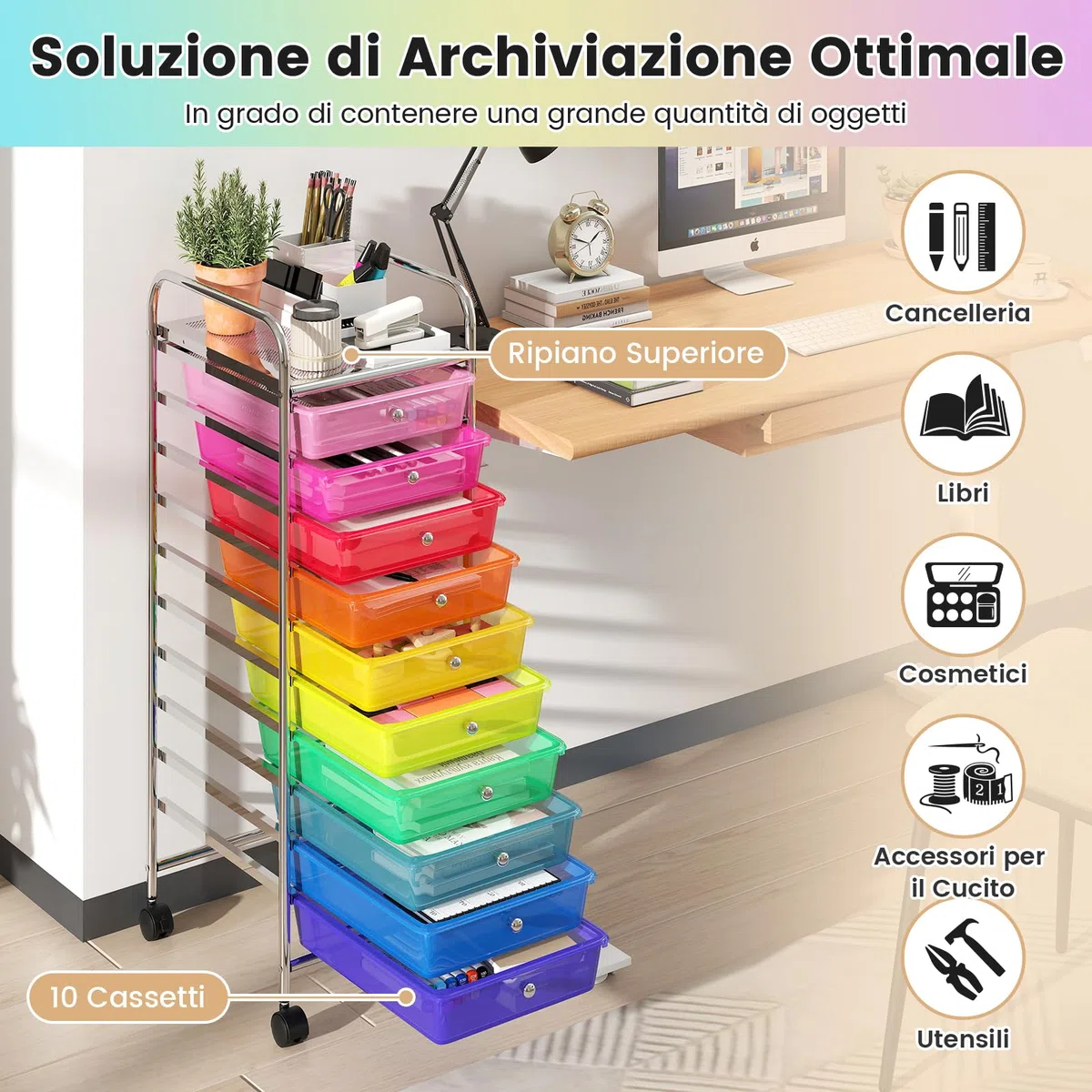 COSTWAY Carrello Portaoggetti con 10 Cassetti, Cassettiera con Ruote, Struttura in Metallo, Ruote Universali Bloccabili e Maniglia, Carrello Organizer per Casa, Ufficio (39 x 32 x 97 cm)