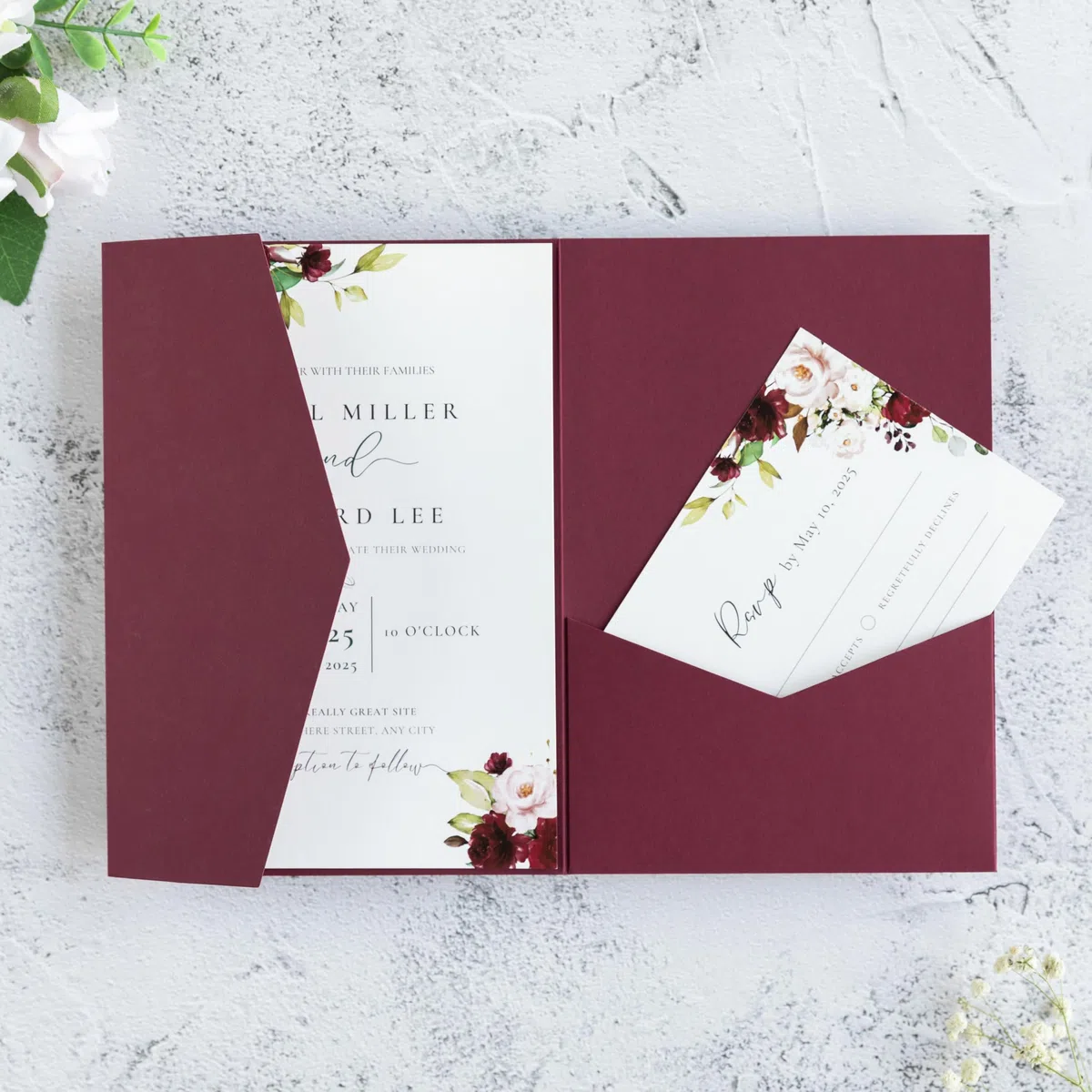 20 biglietti di invito per matrimonio, 13 x 18 cm, tagliati al laser, per matrimoni, addio al nubilato, feste di fidanzamento, compleanni (bordeaux)