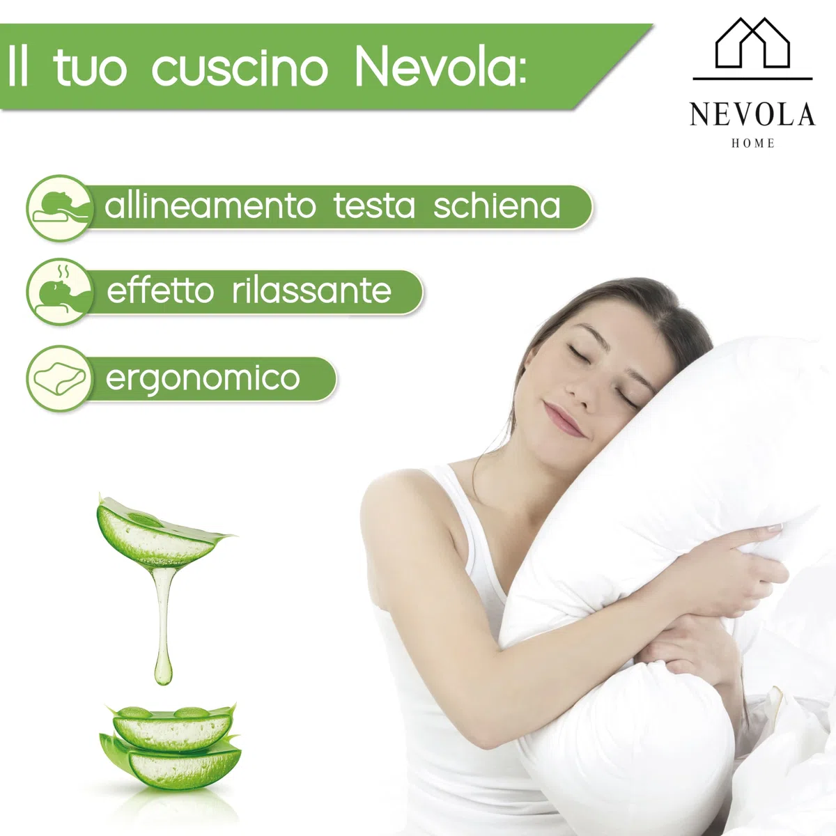 NEVOLA Cuscino Memory Foam Cervicale a Saponetta alto 11 cm - Cuscino per Dormire con Federa Lenitiva in Aloe Vera Rimovibile - Guanciale letto Made in Italy Antibatterico Certificato Oeko Tex