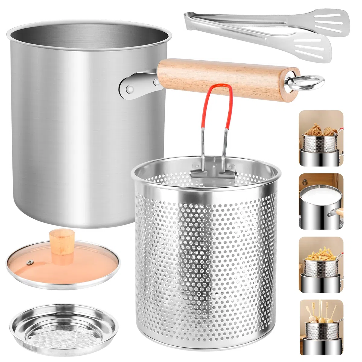 Casseruola per pasta da 3 l, per spaghetti con coperchio a colino, cestino per friggere e pinze per barbecue, in acciaio inox 304, manico anti-scottatura rimovibile, pentola multifunzione per