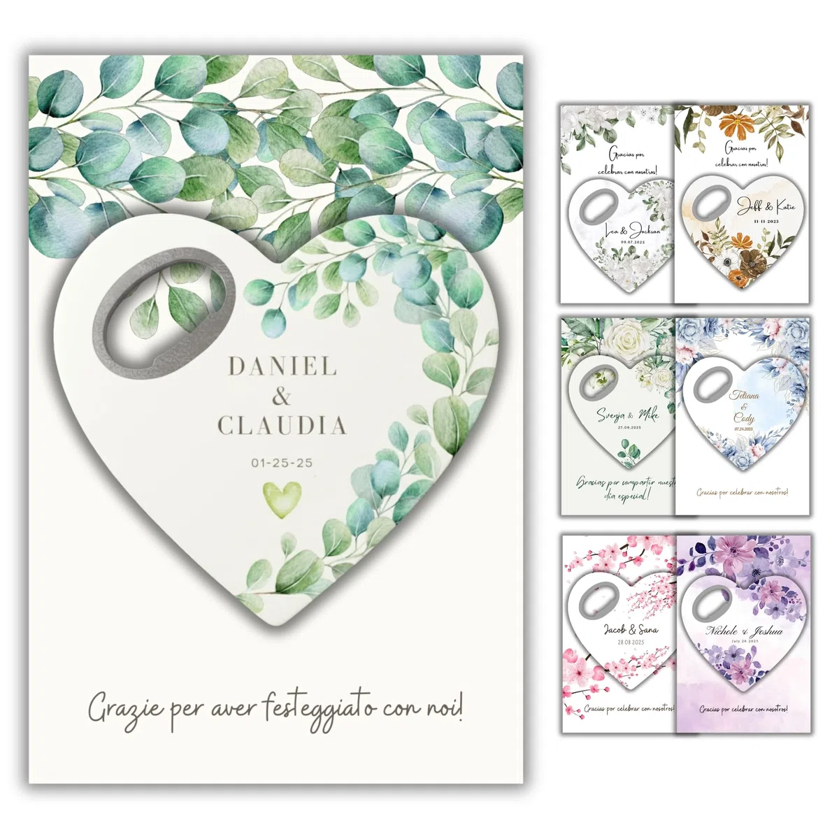 Bomboniere matrimonio personalizzate, calamita apribottiglie a forma di cuore con biglietto di ringraziamento, regalo per invitati e festa di (Apribottiglie + biglietto di ringraziamento)(Set da 30)