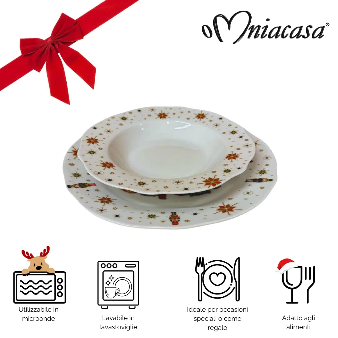 Servizio Piatti di Natale in Porcellana Resistente per 6 Persone: 18 Pezzi, Decorazioni con Albero di Natale Schiaccianoci e Stelle, Rosso e Bianco, Adatto: Lavastoviglie e Microonde.