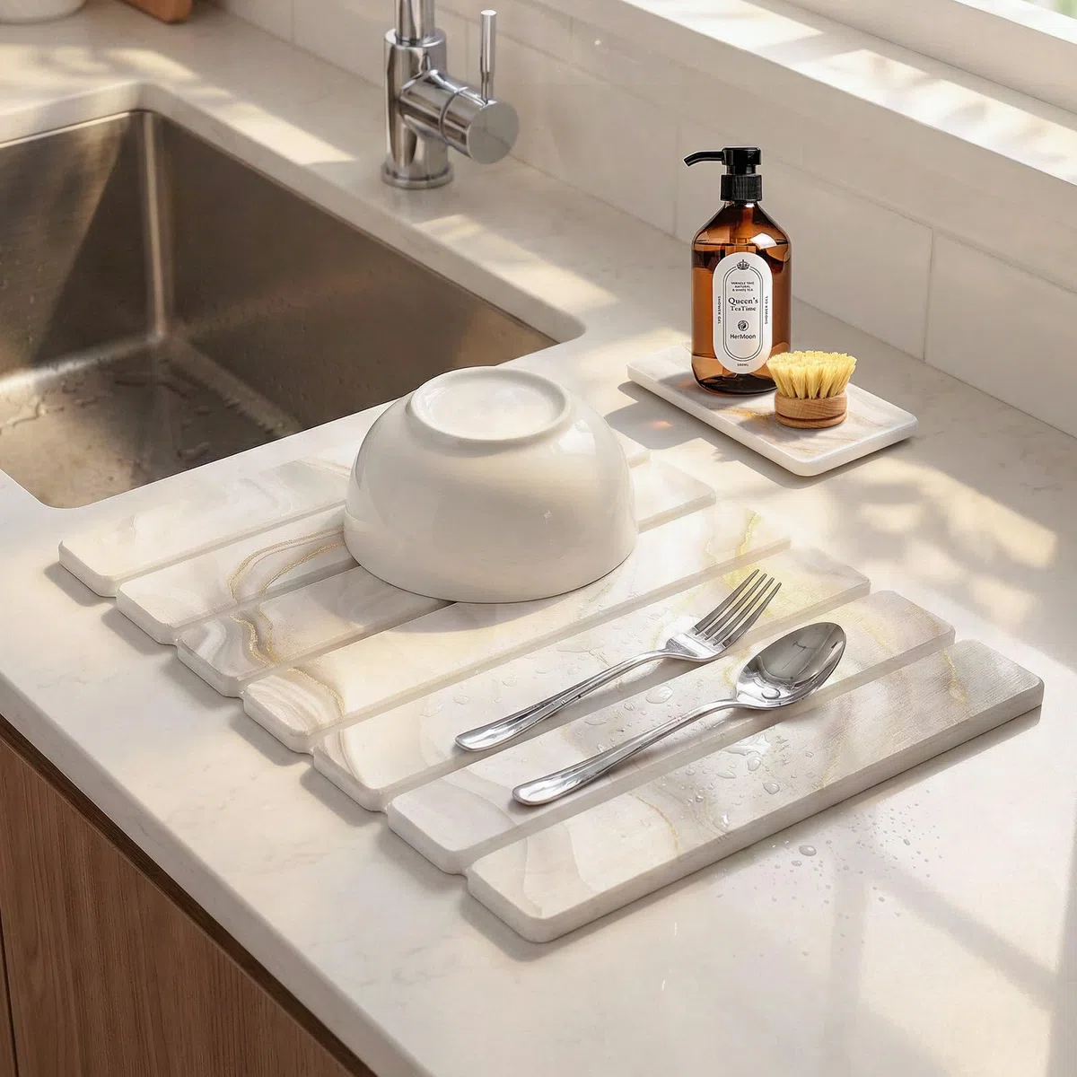 Tappetino Scolapiatti in Diatomite 40 x 30 cm, Tappetino Scolapiatti Assorbente Cucina, Assorbente e Asciugatura Rapida (Bianco Oro, con Porta Saponetta)