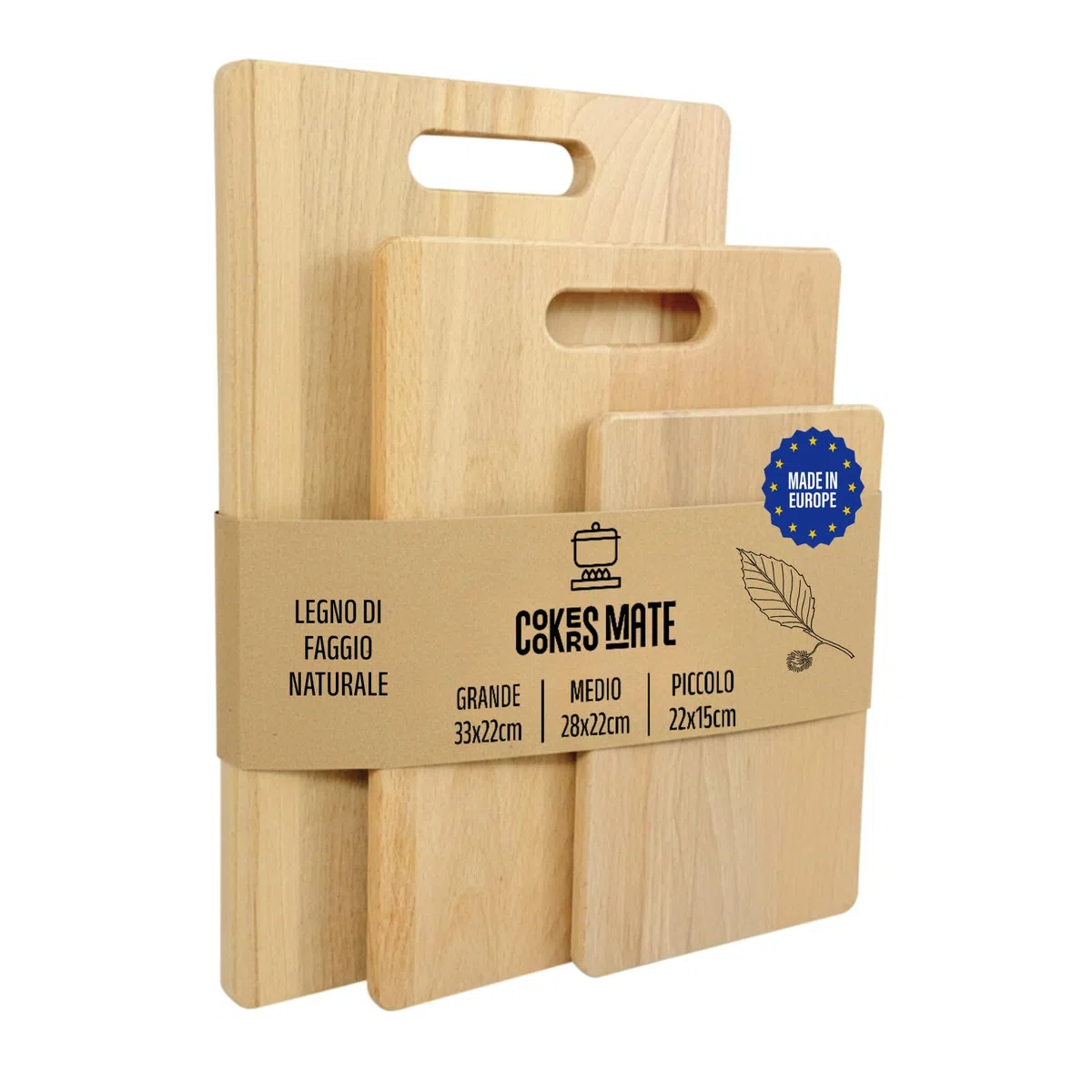 Set di 3 Taglieri in Legno di Faggio, Taglieri da Cucina con Manico, Set aperitivo, Cutting board wood, Made in Europe, 33x22/28x22/22x15 cm
