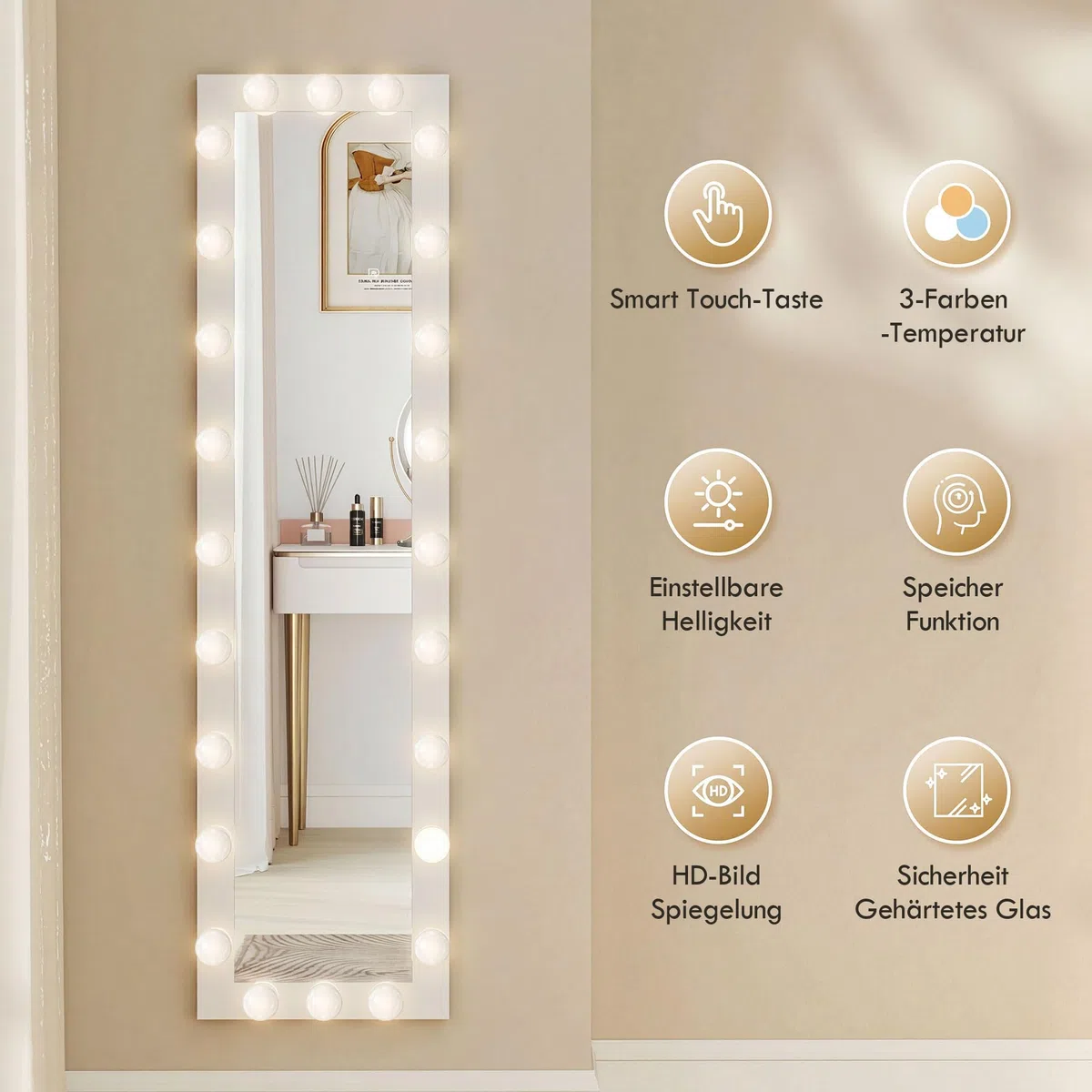 HOMCOM Specchio a figura intera 150 x 40 cm Specchio a LED con 24 lampadine 3 colori di luce dimmerabili Specchio da parete con interruttore a sfioramento, funzione memoria specchio reclinabile per