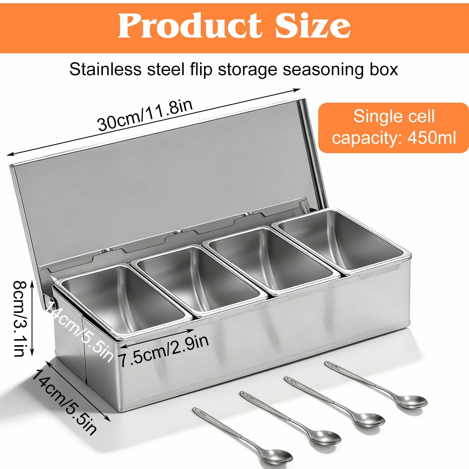 Contenitore per ingredienti in acciaio inox, 4 scomparti, 450 ml, con coperchio, 30 x 14 x 8 cm, per cocktail, spezie, barbecue, porta pizza, frutta, contenitore per alimenti per gastro cucina bar