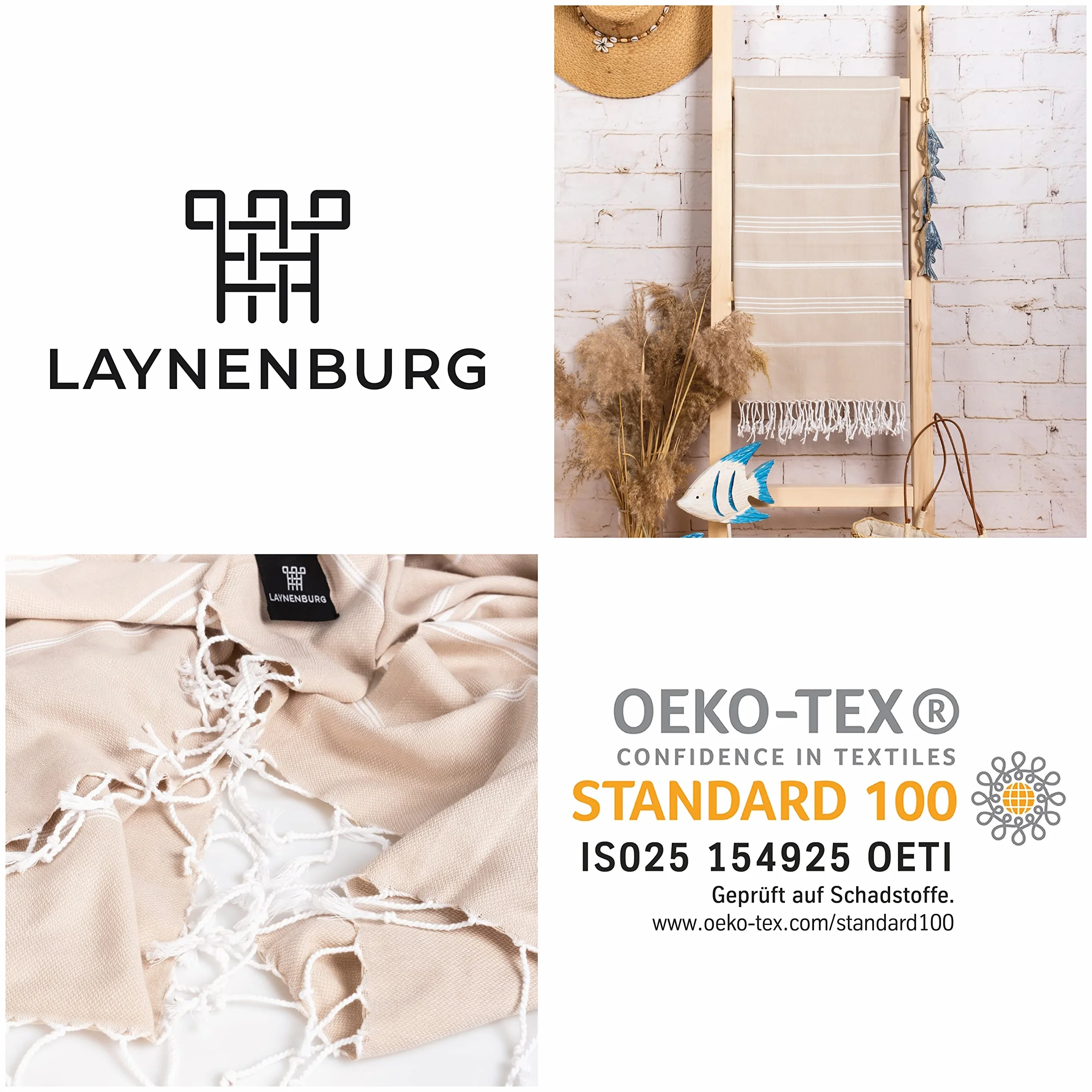 LAYNENBURG Set di 2 telo mare premium con frange annodate a mano - 100% cotone Telo fouta hammam XXL 100x200 cm - OEKO-TEX 100 - telo hamam grande - asciugamano sauna e pestemal (Beige)