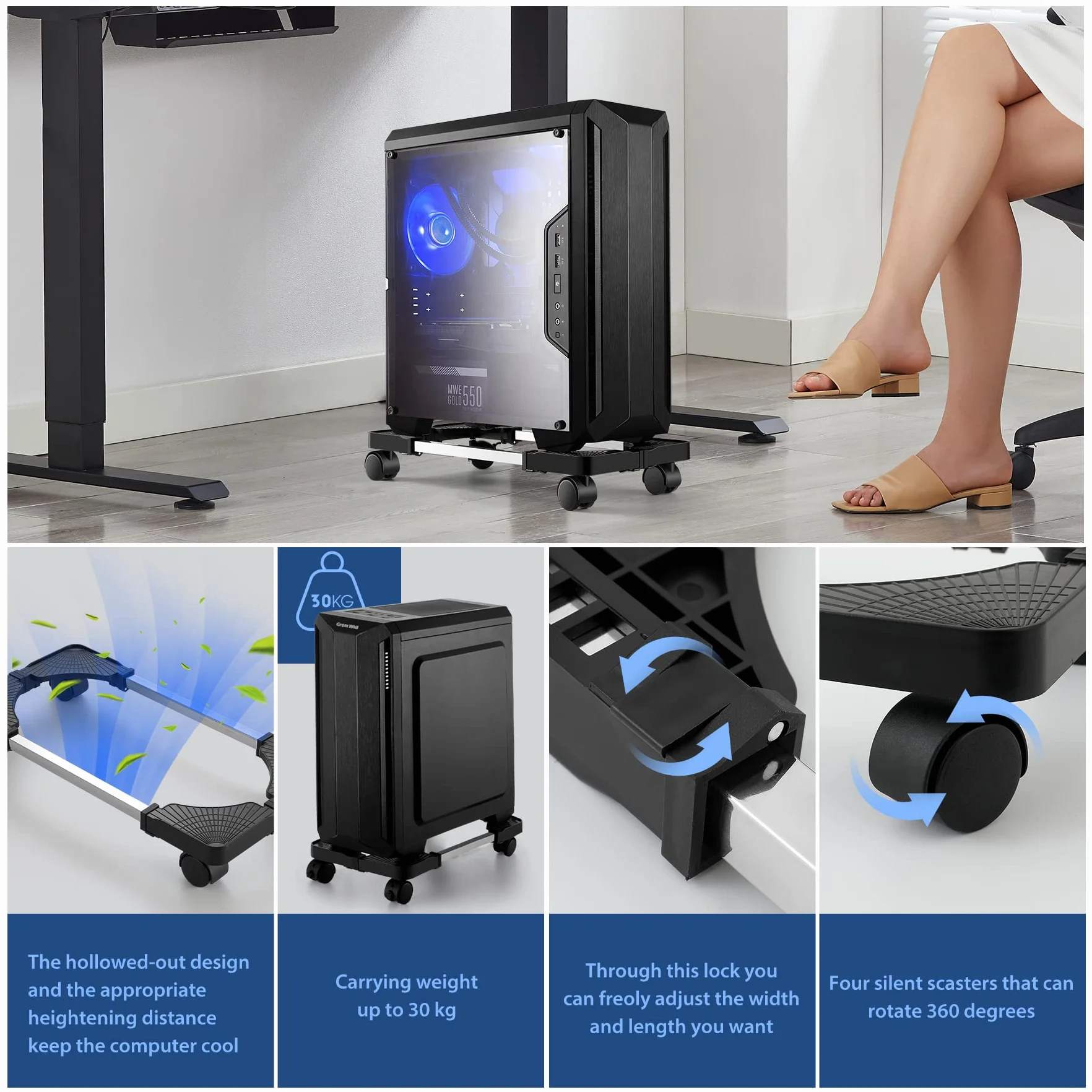 Supporto per PC Case con rotelle Bloccabili, CPU Holder Cart, Dimensione Regolabile, Adatto alla Maggior Parte dei Computer-Nero