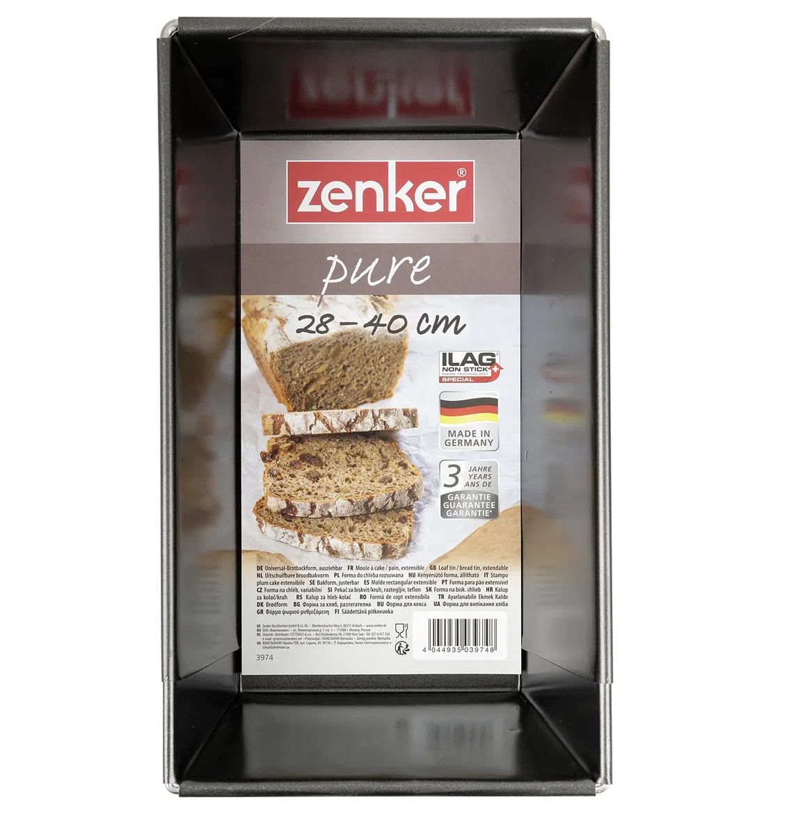 Zenker 3974 - Stampo universale per pane allungabile, 28-40 cm, della serie Pure, rivestimento antiaderente per torte, di alta qualità, confezione da 1 pezzo, colore nero