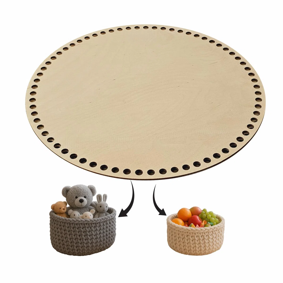 Base Rotonda in Legno 3mm, 30–40cm per Uncinetto – Fondo per Cesti, Cestini e Borse all’Uncinetto, Fai da Te, Varie Dimensioni (Fori 8mm, 40cm)