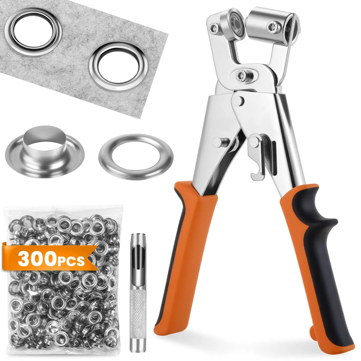 Pinze per Occhielli per Teloni e Tessuti,Set di Occhiellatrice per Teloni Professionali con 300 Occhielli (Ø 10 mm),Occhiellatrice Manuale con Magneti per Occhielli in Acciaio