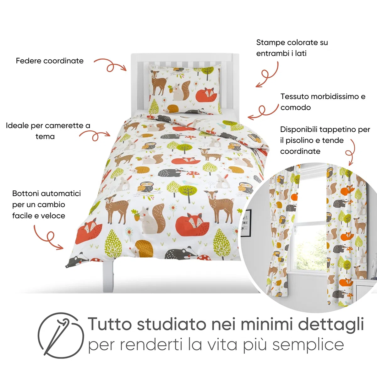 Bloomsbury Mill - Set biancheria da letto per bambini - Animali del Bosco – Set Copripiumino Lettino e federa per Ragazzi e Ragazee - Lenzuola Culla per junior e bambino 120 x 150cm