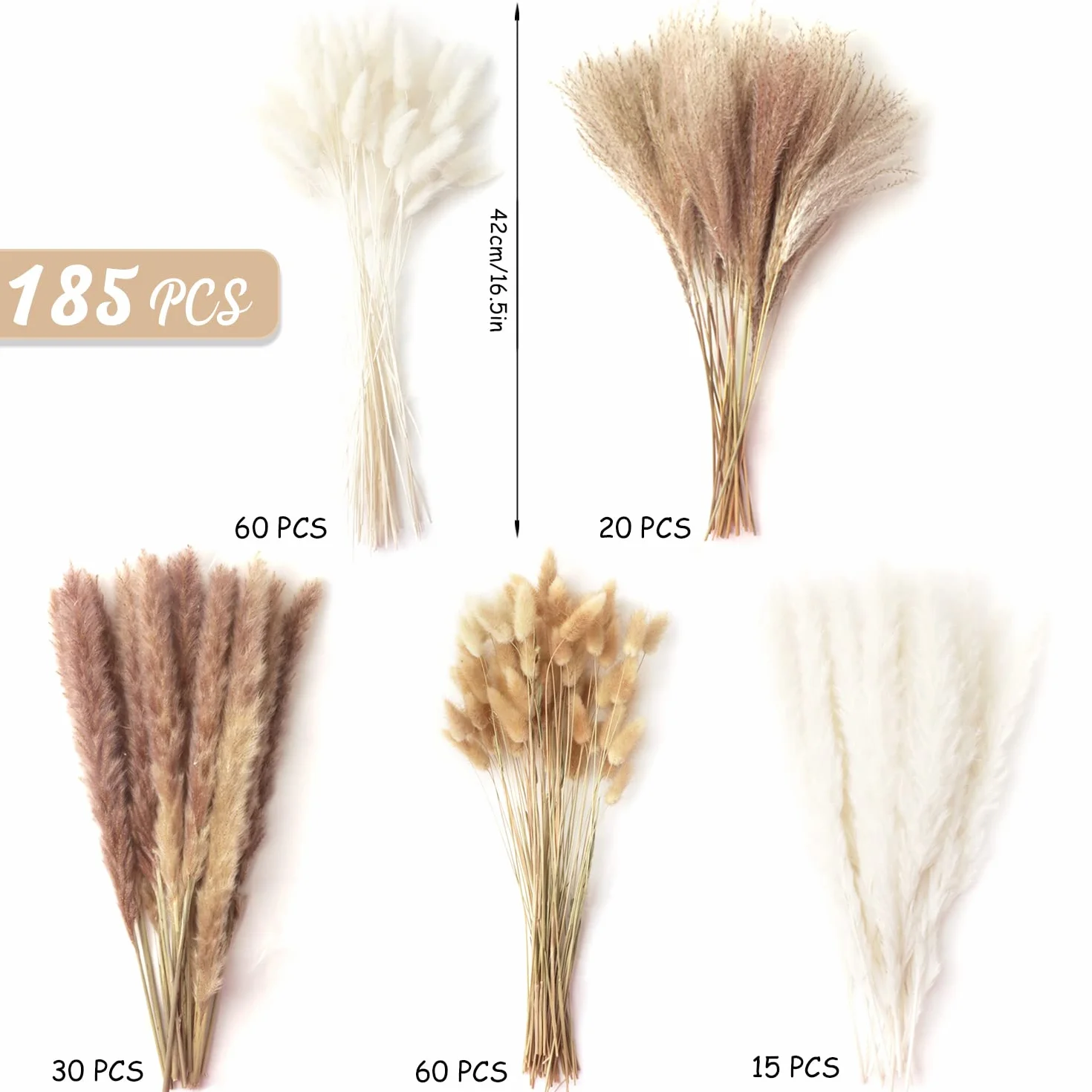185 Pezzi Naturale Seccato Pampas Erba Decor Alta Pompa Floreale Reed Erba Coniglietto Code Seccate Boho Fiore Arrangement per Tavolo Matrimonio Soggiorno Camera da Letto Artigianato Decor, 42CM