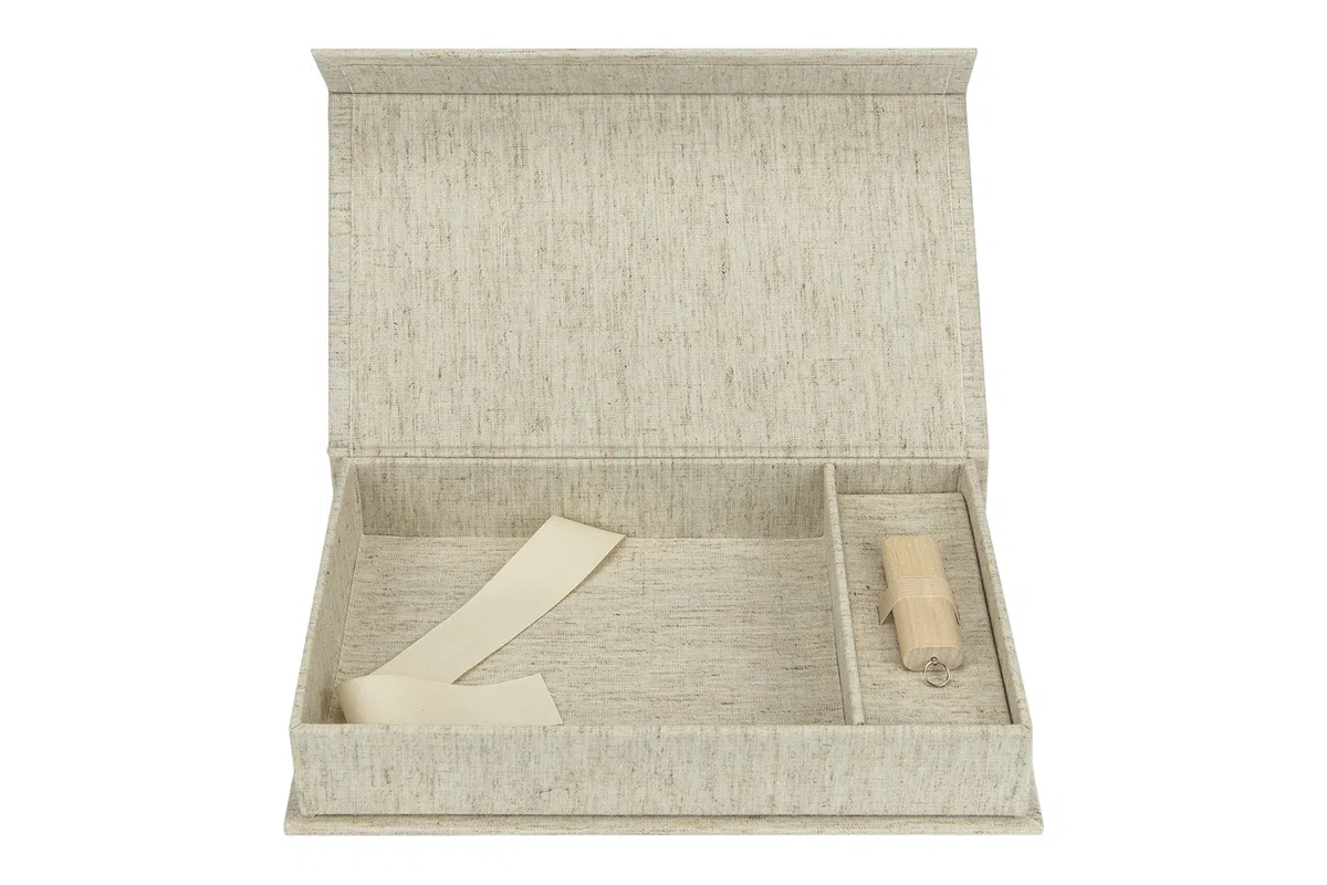Scatola porta USB per matrimonio, con scatola per foto, 13 x 18 cm, tessuto di lino, colore naturale