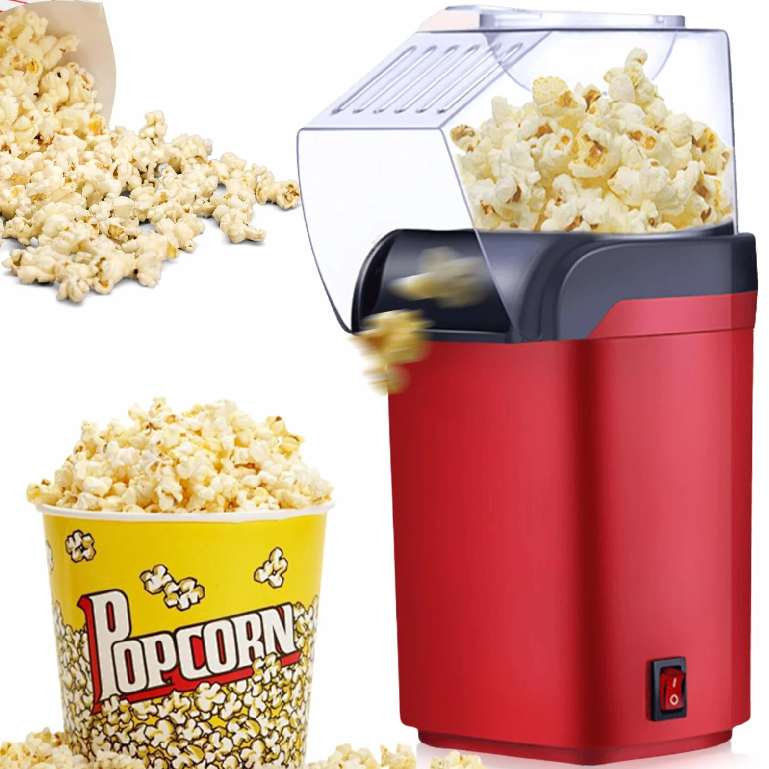 Macchina per popcorn ad aria calda 1200W, Produttore di popcorn senza grassi senza olio, Popcorn veloce in 2-3 minuti, Funzionamento con un tocco, Macchina per popcorn compatta per casa cinema
