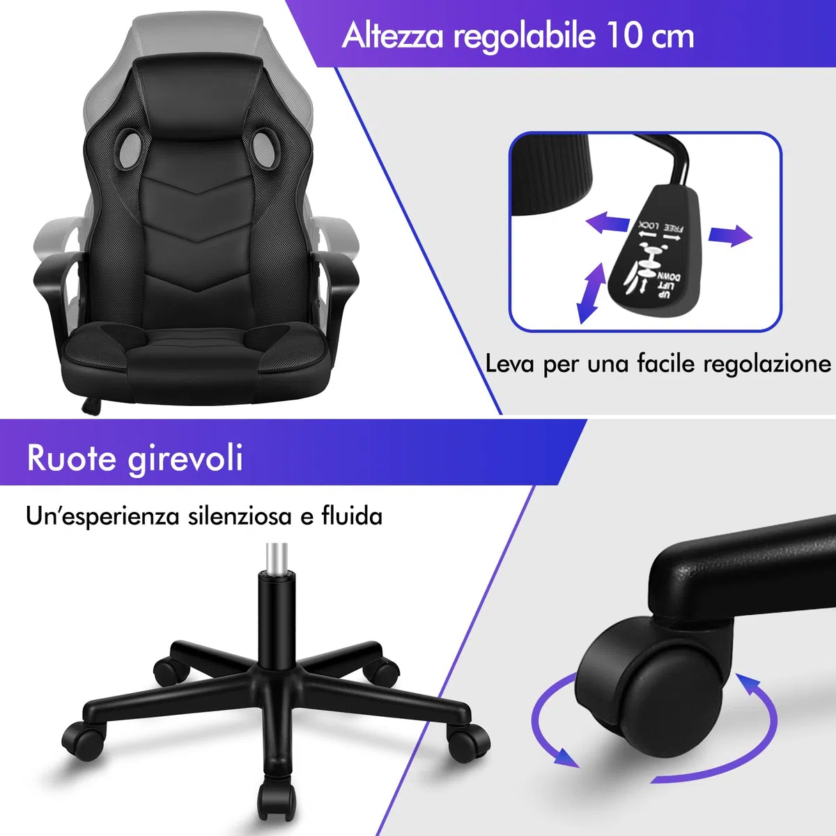 ALFORDSON Racing Sedia Ufficio Ergonomica con Ruote, Sedia Gaming in Similpelle e Rete Traspirante, Funzione di inclinazione, Altezza Regolabile, Poltrona Gamer per Computer Supporta 150 kg(Nera)