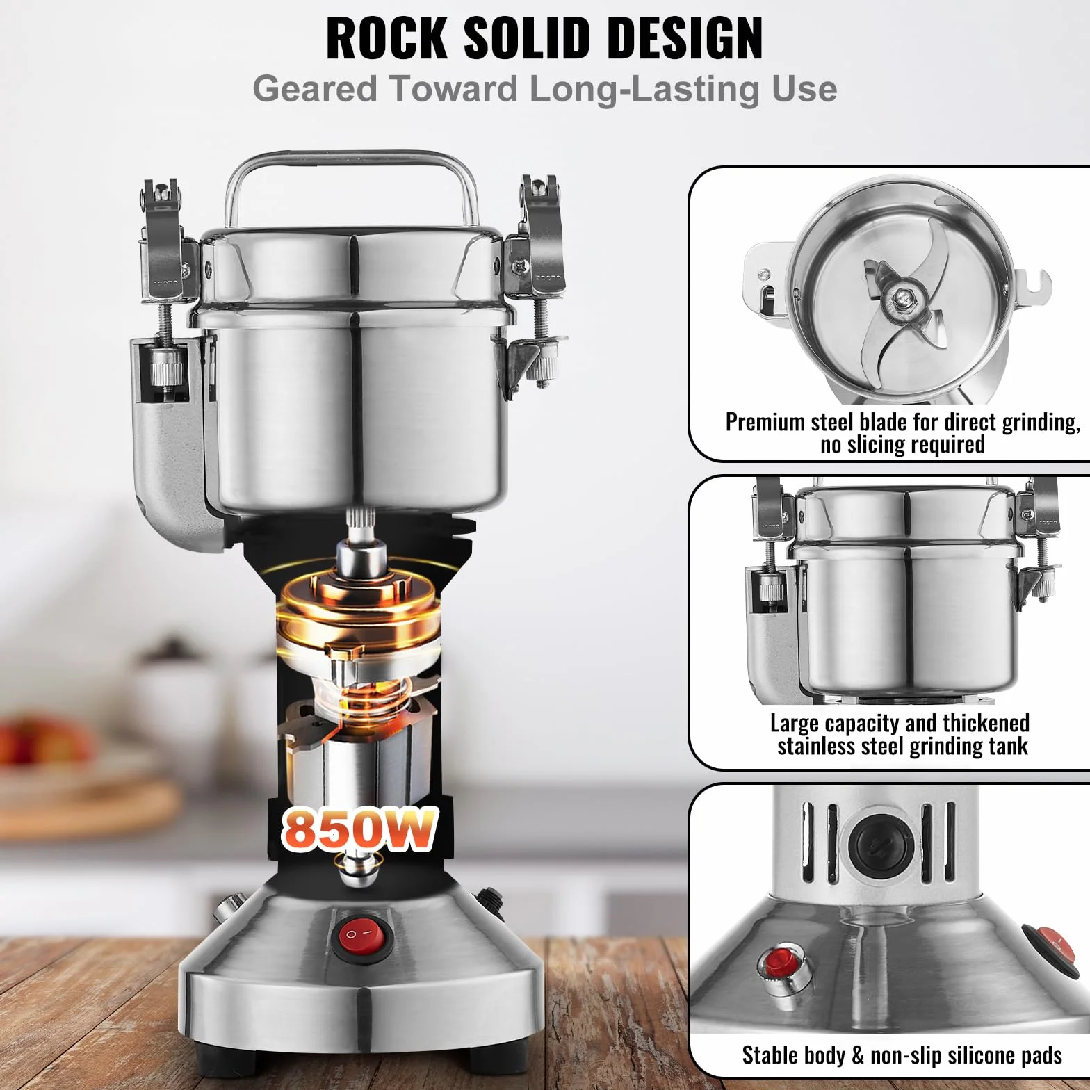 VEVOR 150g Mulino Elettrico per Cereali, Macina Spezie Commerciale Alta Velocità 850 W, Macchina Polverizzazione in Acciaio Inox, per Cereali Secchi, Spezie, Caffè, Mais, Pepe, Tipo Oscillante