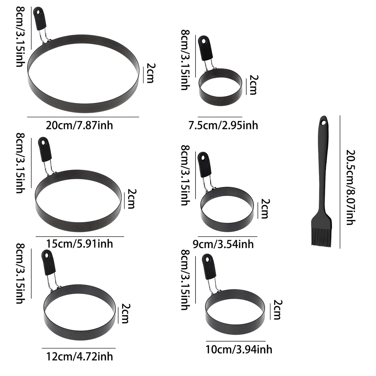 6pcs Stampo per Uova in Acciaio Inox Stampi ad Anello per Arrosti con Manico Pieghevole Anelli per Uova in Acciaio Inossidabile per Omelette per Uova,Frittelle,Muffin(7.5/9/10/12/15/20cm)