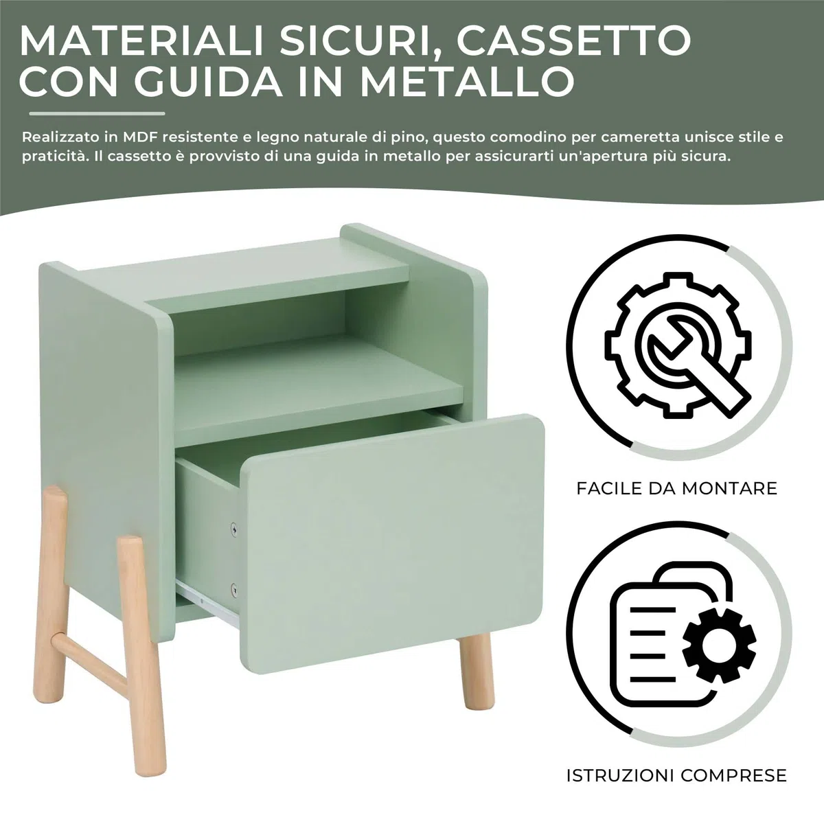 Rebecca Mobili Comodino con 1 Cassetto e 1 Ripiano, Comodino per Cameretta, Verde Acqua Marrone, MDF Pino, Stabile, per Camera Montessori - Misure HxLxP: 49 x 43 x 30 cm - Art. RE7130