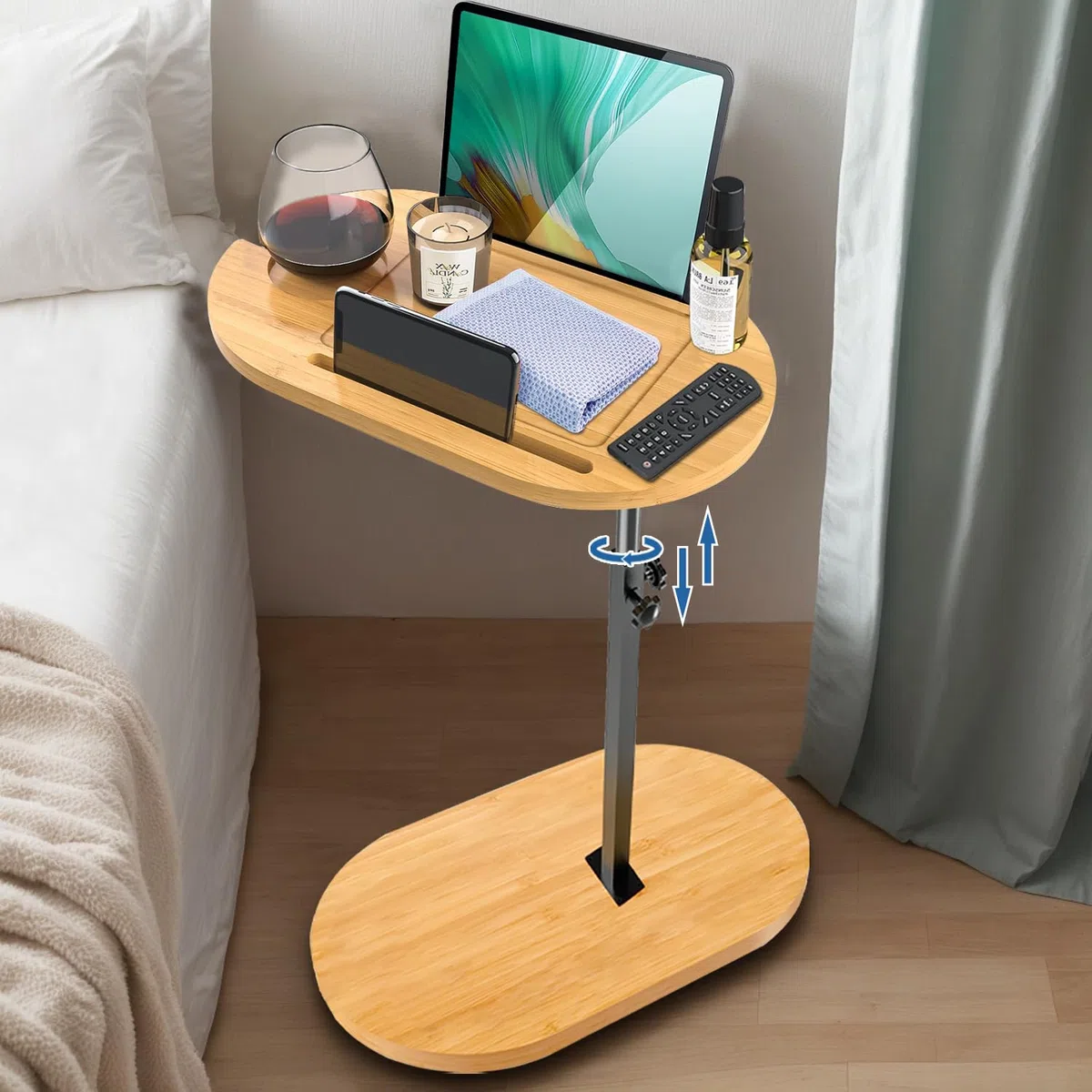 C Form - Tavolino girevole a 360°, regolabile in altezza, 42-82 cm, in legno e metallo, piccolo tavolino da caffè per soggiorno, bagno, letto, divano (amboo)