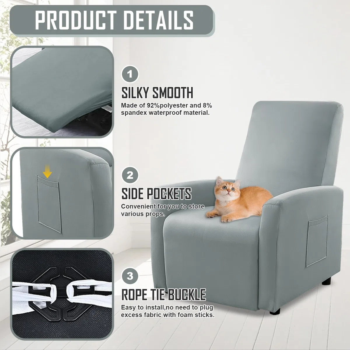 MeYuxg Copri Poltrona Relax Reclinabile a 1 Posto, Elasticizzato Copripoltrona Relax Reclinabile con Tasche, Impermeabile Copri Poltrona Totale, per Poltronas Relaxs e TV(Grigio Chiaro, 4 Pezzi)