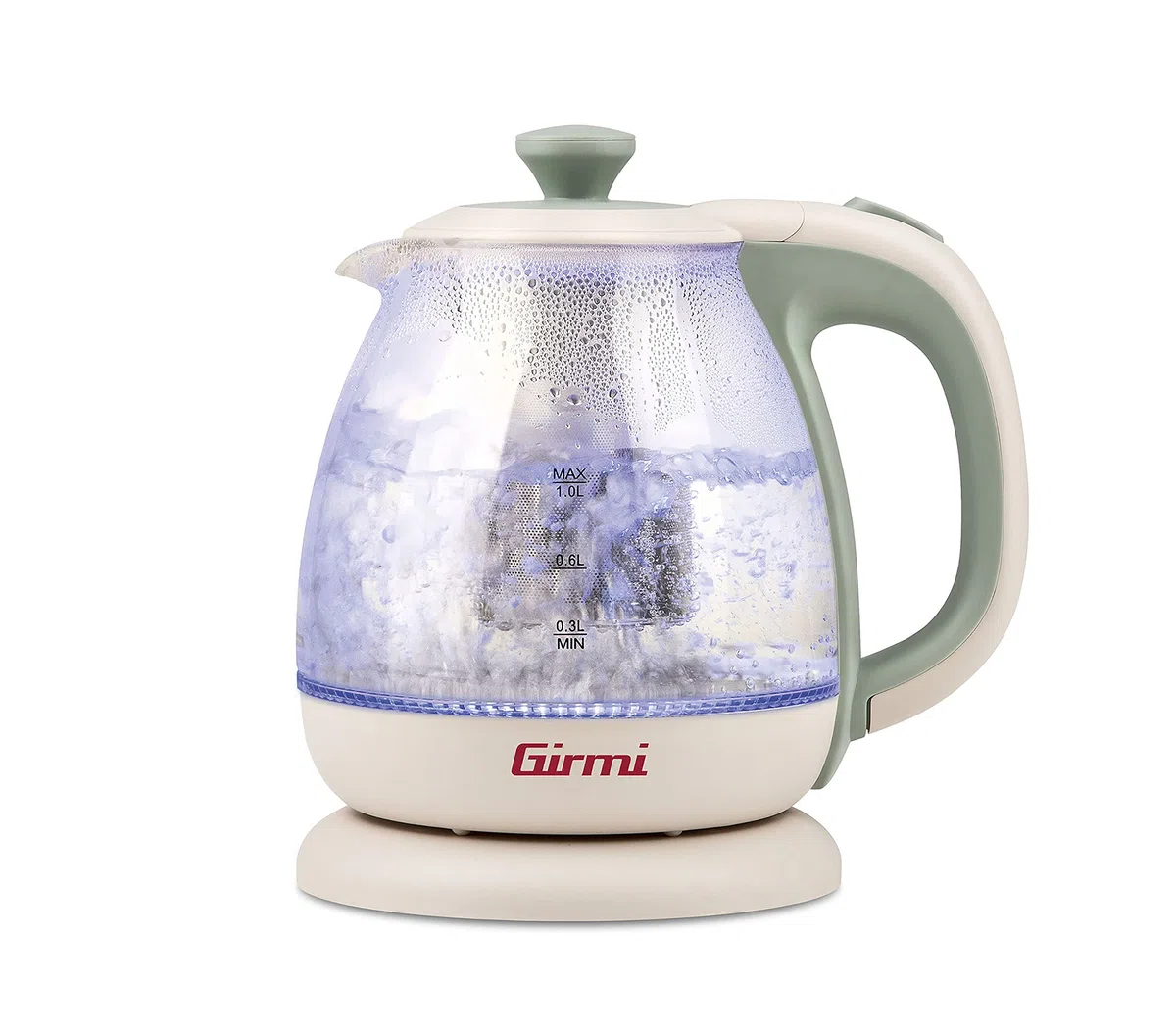 Girmi BL41 Bollitore + Tisaniera in Vetro, 1100 W, Filtro smontabile INOX, Resistenza di sicurezza, Base con rotazione 360°, Cordless 1 Litro, Verde acqua