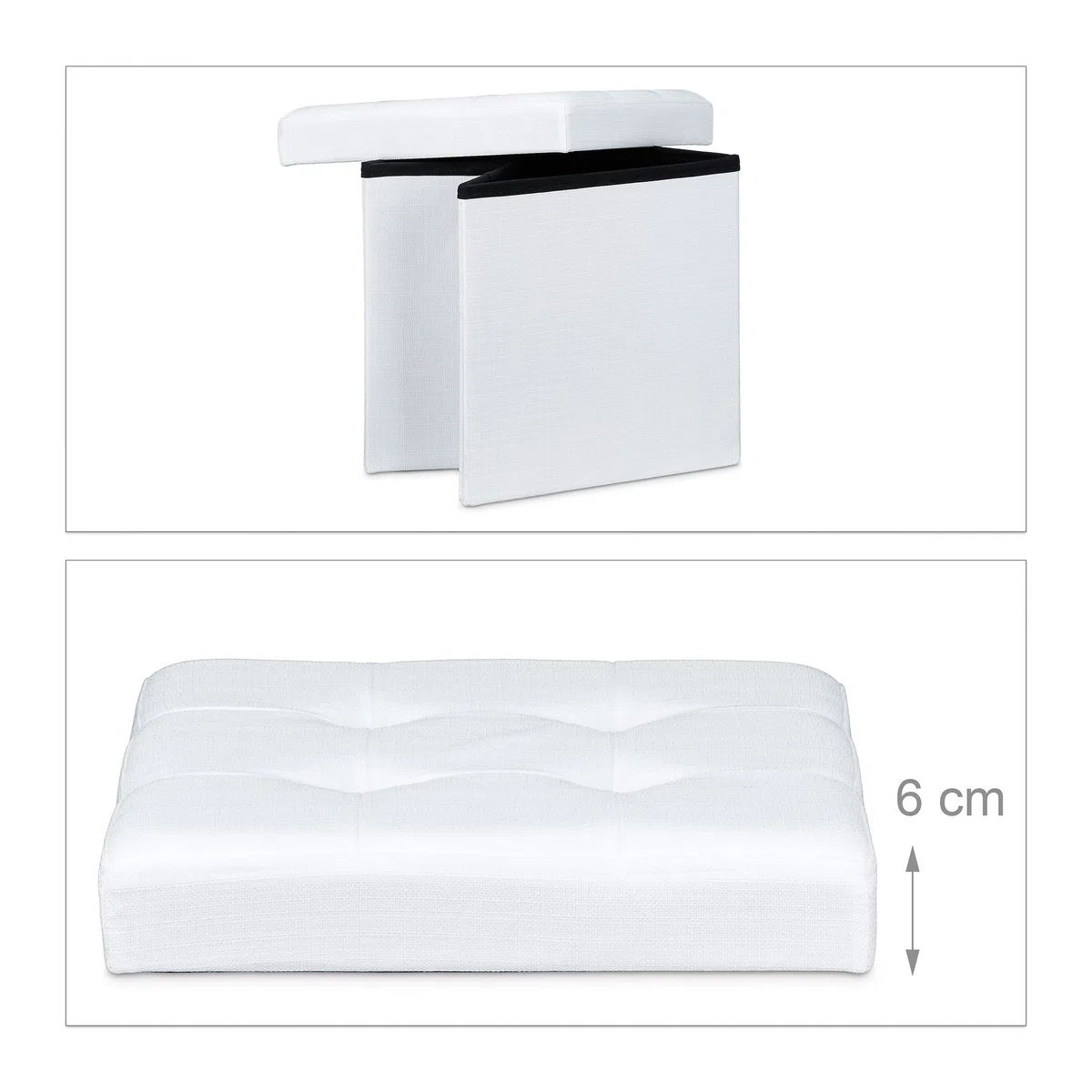 Relaxdays Pouf Pieghevole Con Contenitore, Sgabello a Forma di Cubo, Lino, Coperchio Rimovibile, 38x38x38 cm, Bianco