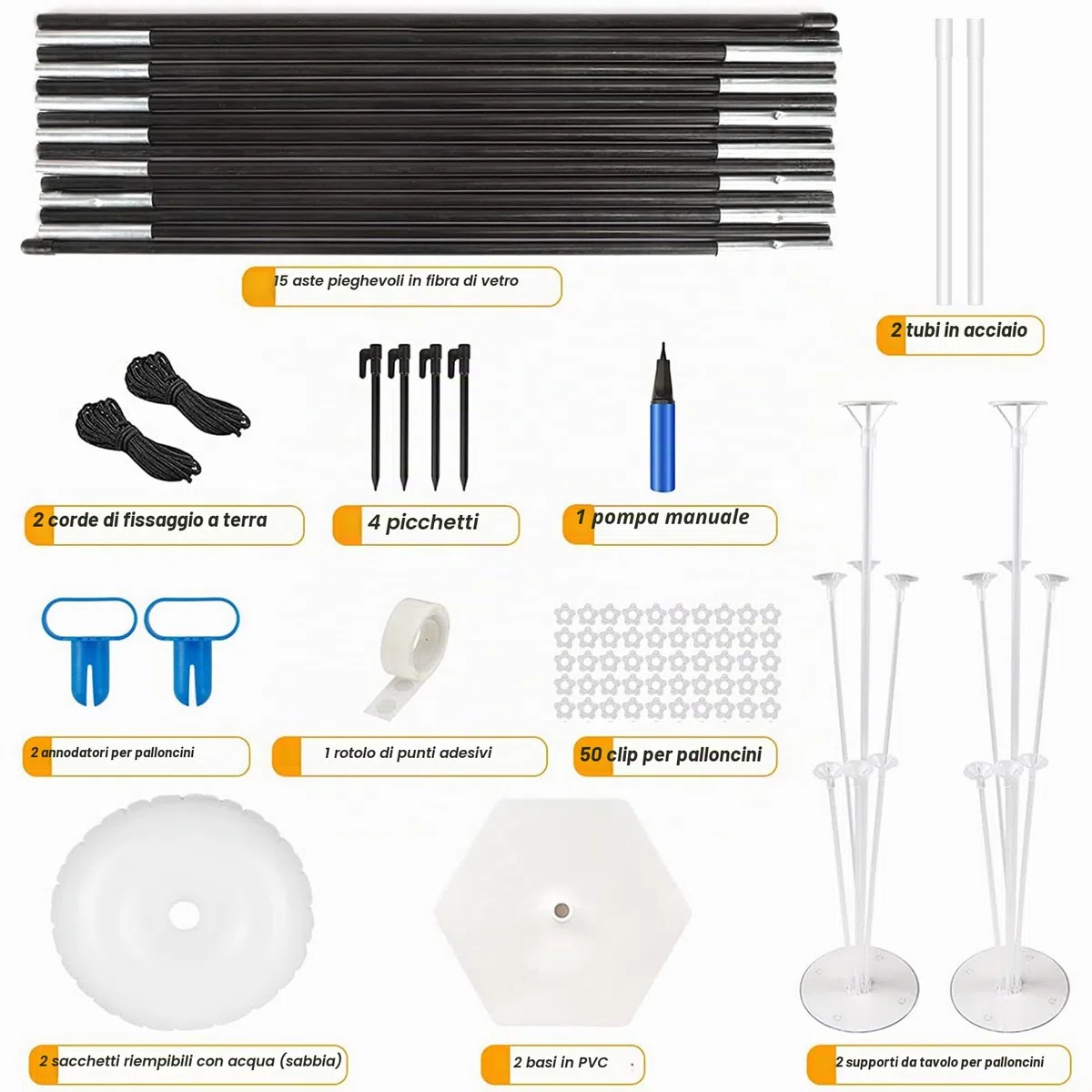 Kit regolabile per arco di palloncini, 3,1 m, riutilizzabile, con 2 basi riempibili con acqua e 50 clip per palloncini e asta in fibra pieghevole, per matrimoni, lauree, compleanni, decorazioni