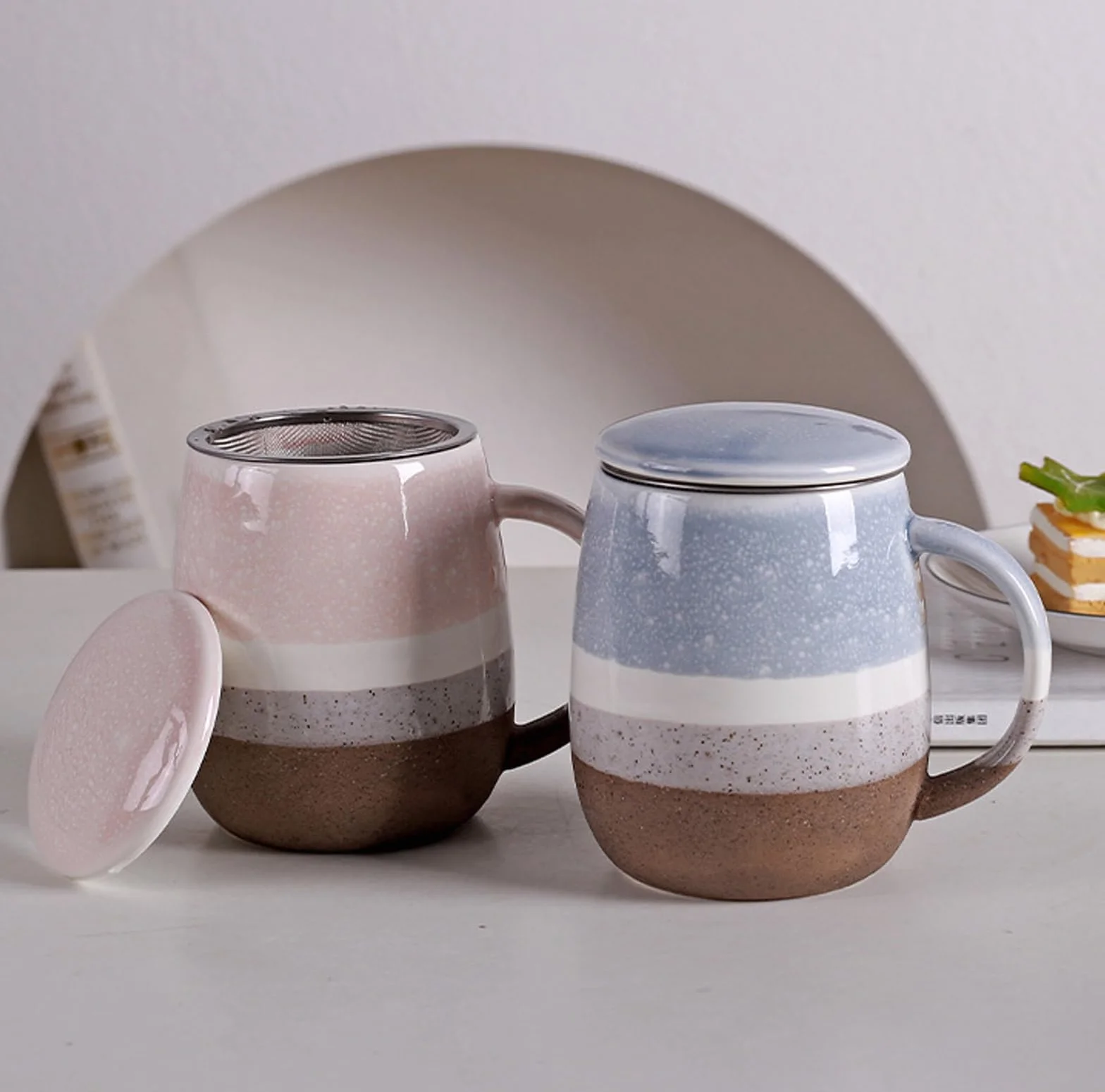 Tazza da tè con coperchio e colino, grande tazza in ceramica, 400 ml, per ammollo del tè