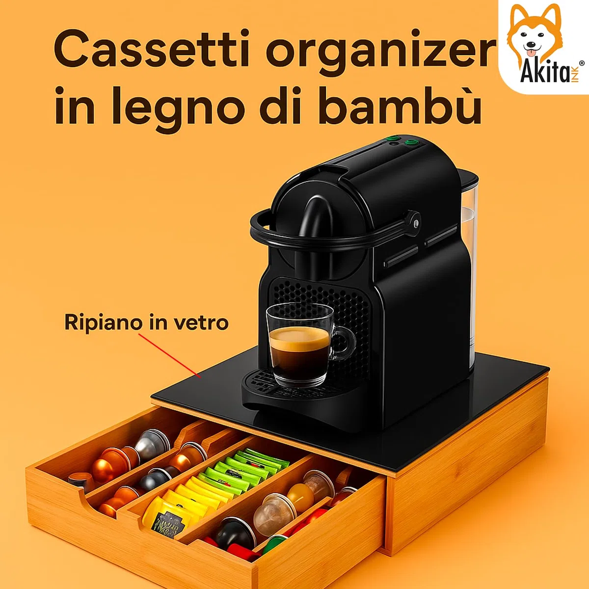 AKITAInk Porta Cialde in Bambù con Cassetto a 4 Scomparti e Piano in Vetro - Organizer per Capsule, Caffè e Tisane - Perfetto per Angolo Caffè Moderno in Cucina e Ufficio