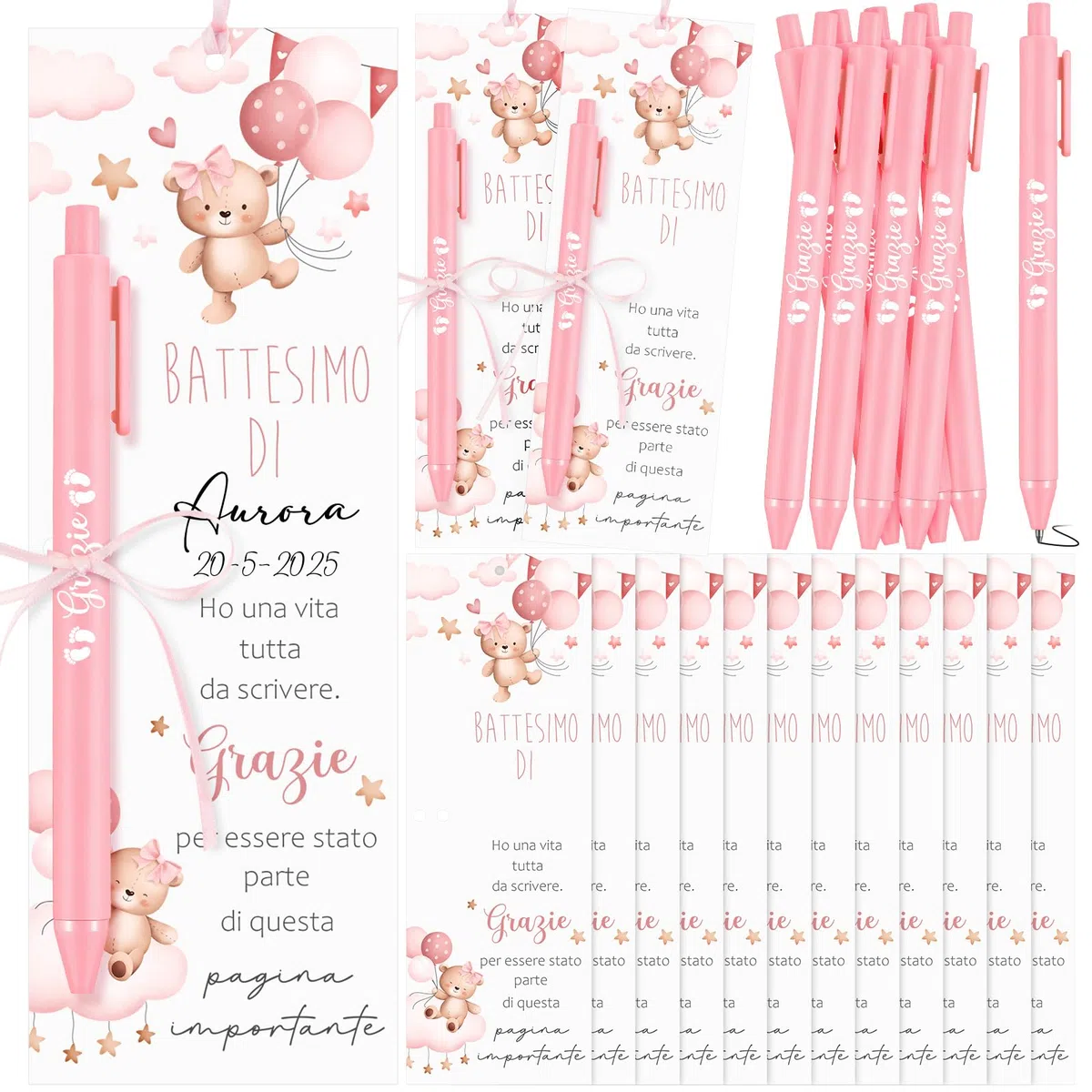 Tenare 30 Pezzi Segnaposto Battesimo Bimba Orsetto Segnalibri con Grazie Penna e Nastro Bomboniera Battesimo Bambina Regalo di Ringraziamento per gli Ospiti per Baby Shower Decoración da Tavola(Rosa)