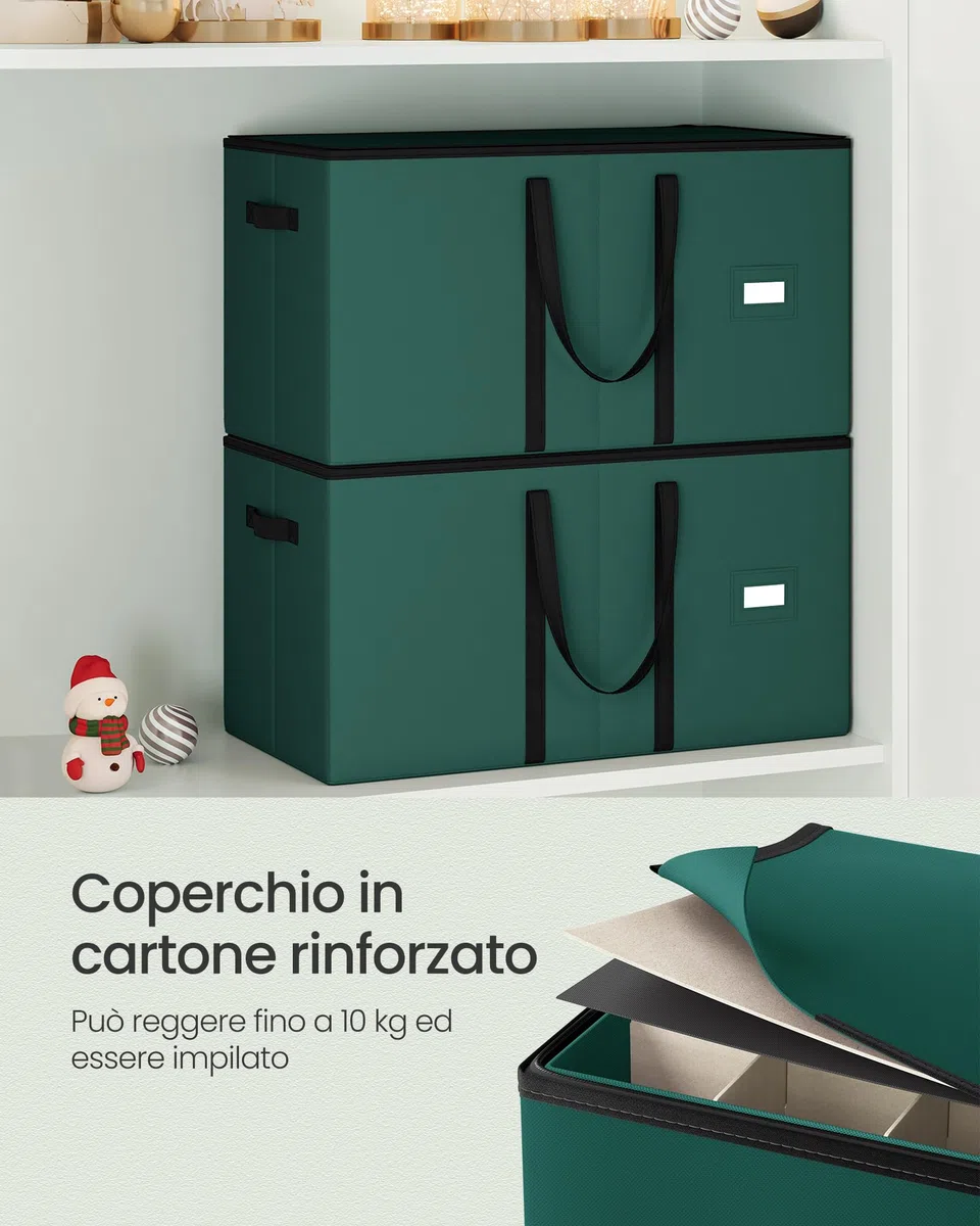 SONGMICS Contenitore per Palline di Natale, 128 Scomparti da 7,6 cm, Scatola Impilabile Decorazioni Natalizie con Coperchio, Doppia Cerniera Lampo, Divisori Regolabili, Verde Foresta RFB039C01