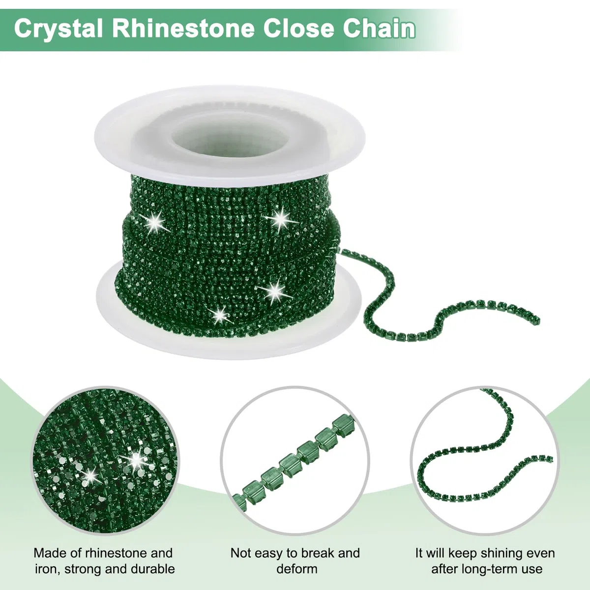 M METERXITY Catena Chiusura Strass Cristallo, 2mm 10 Iarde Catena Fissaggio a File Singola, Rotolo Catena a Artiglio Cristallo per Cucito Artigianale/Artigianato Gioielli [Verde Scuro]