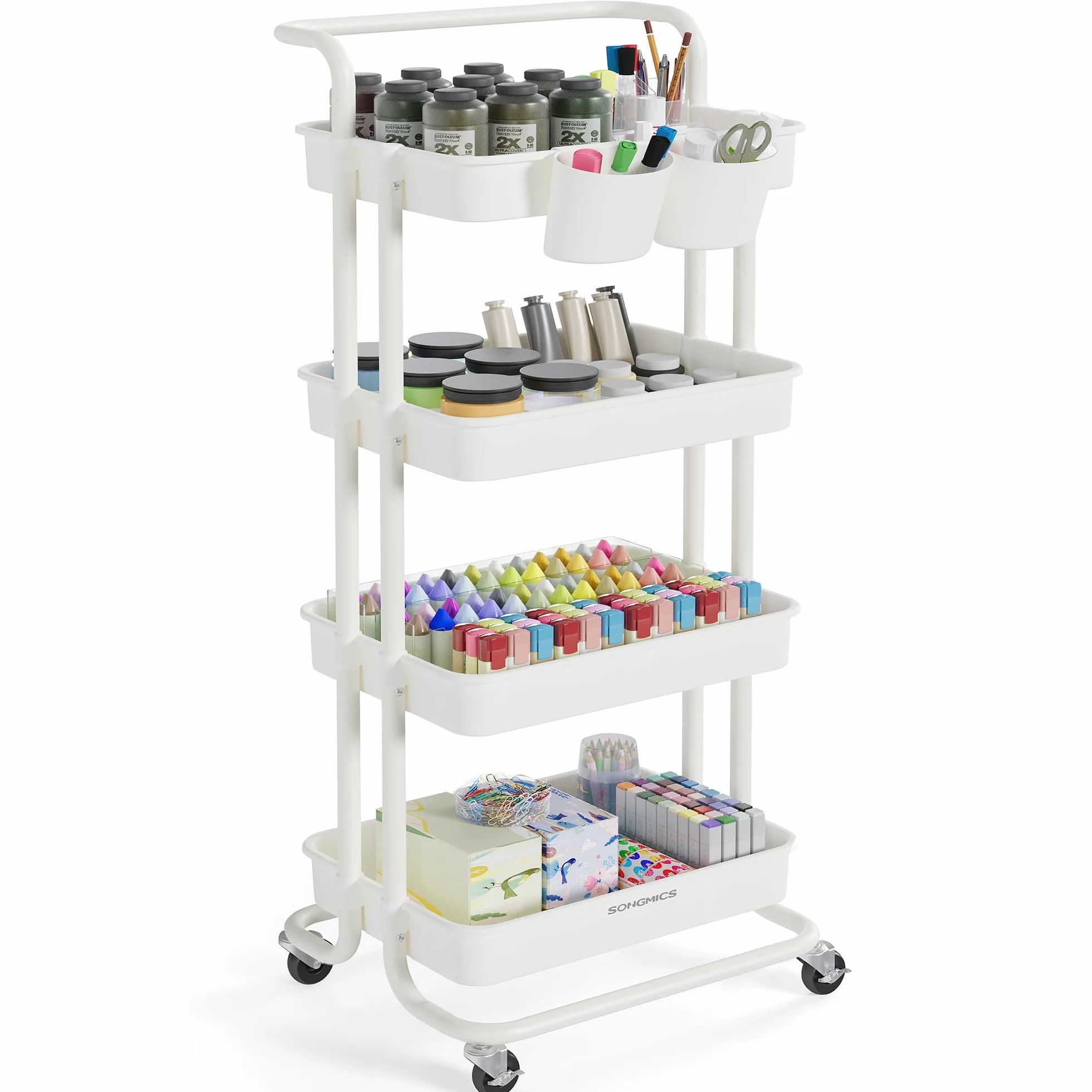 SONGMICS Carrello Scorrevole, Trolley a 4 Livelli, Carrello di Servizio con Manico e 2 Piccoli Organizzatori, Struttura in Acciaio, per Bagno Lavanderia, Bianco BSC077WZ01