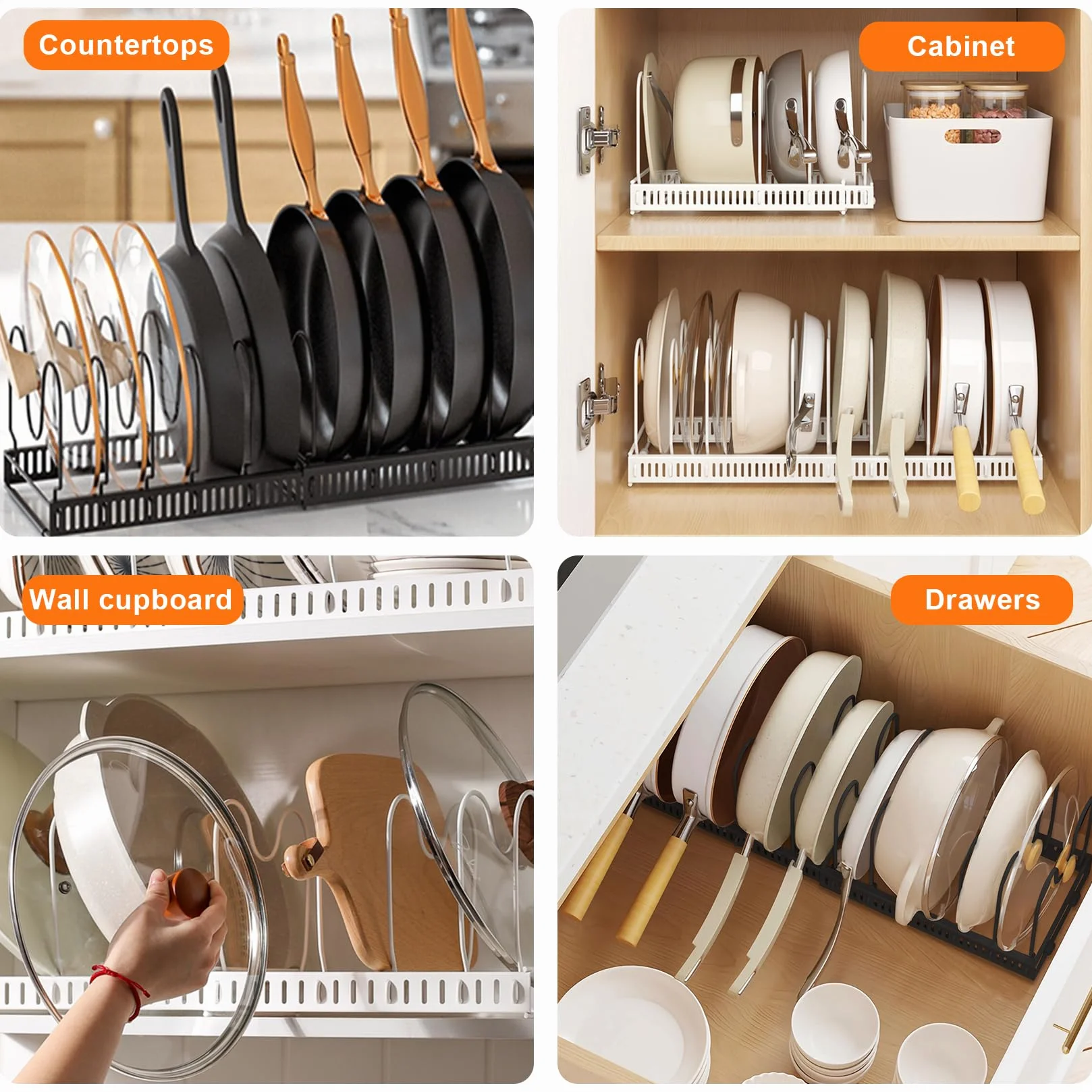 Porta Coperchi Pentole Salvaspazio, Organizer Pentole e Padelle con 10 Scomparti Regolabili, Organizer Cucina, Porta Pentole Salvaspazio da Cassettone, Bianco