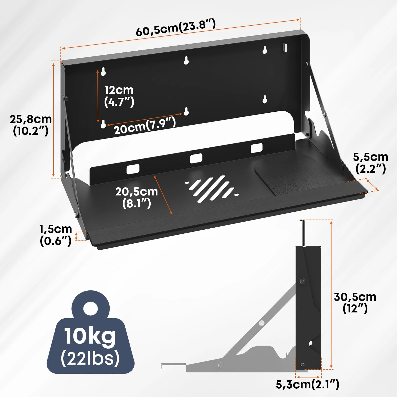 Vassoio Tastiera a Scomparsa da Parete Ergonomico 61cm - Piattaforma per Tastiera & Mouse da Ufficio e Casa , Portata 10 kg, Nero