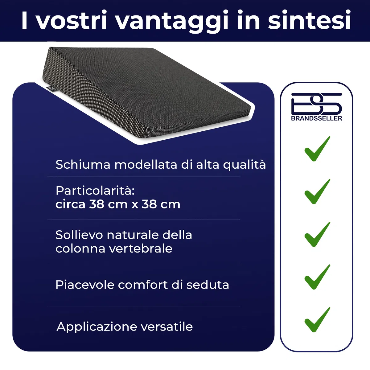 Cuscino a Cuneo 38x38x8/2 cm per Sedia, Ufficio e Auto, Cuscino Ergonomico per Seduta Corretta, Supporto per Schiena, Nero