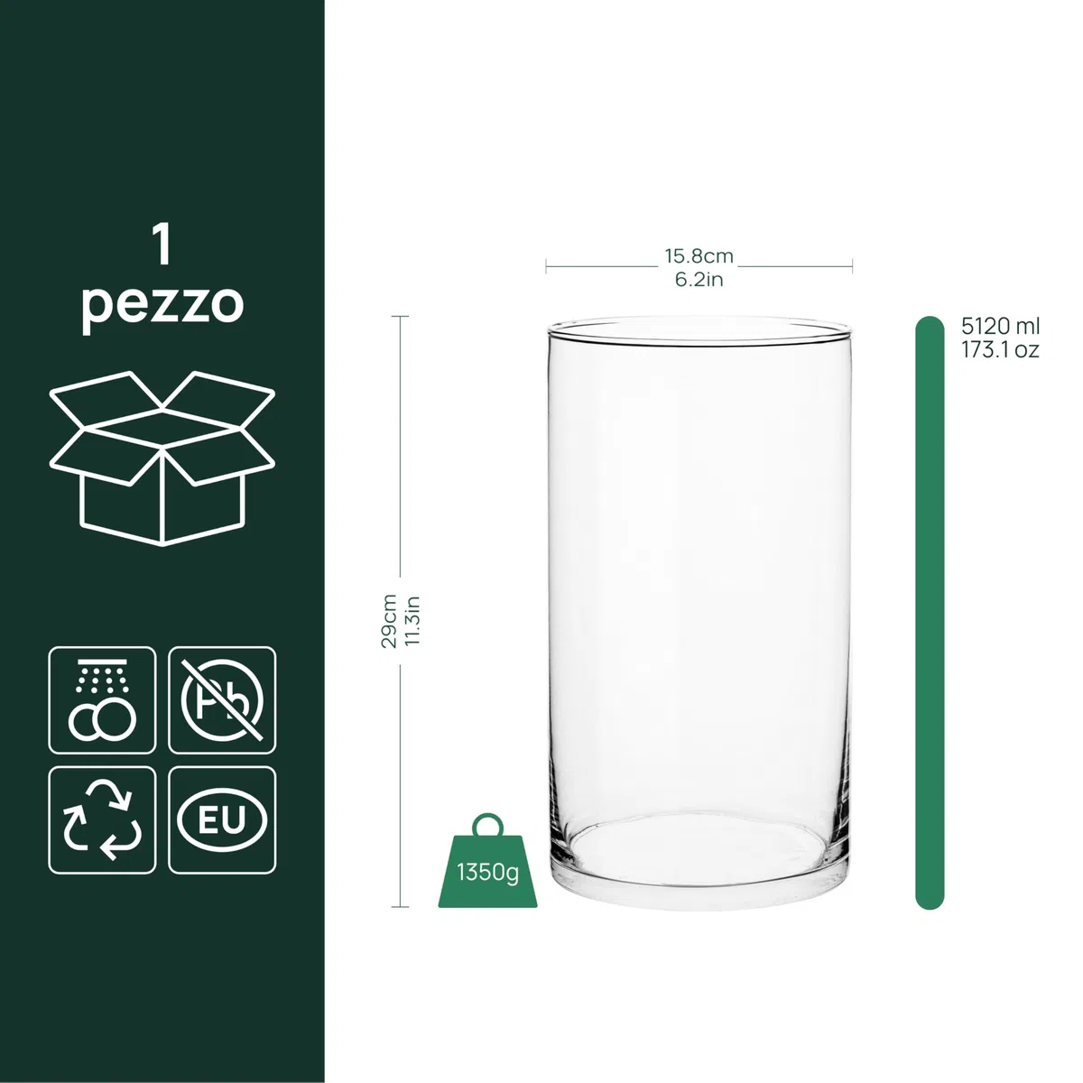 TREND FOR HOME Vaso da Terra Alto da Interno 29 cm Centrotavola Moderno Decorativo Cilindrico Allestimenti Matrimonio di Vetro Trasparente Rotondo, 4900 ml, Ø 15.8 cm, Magnolia