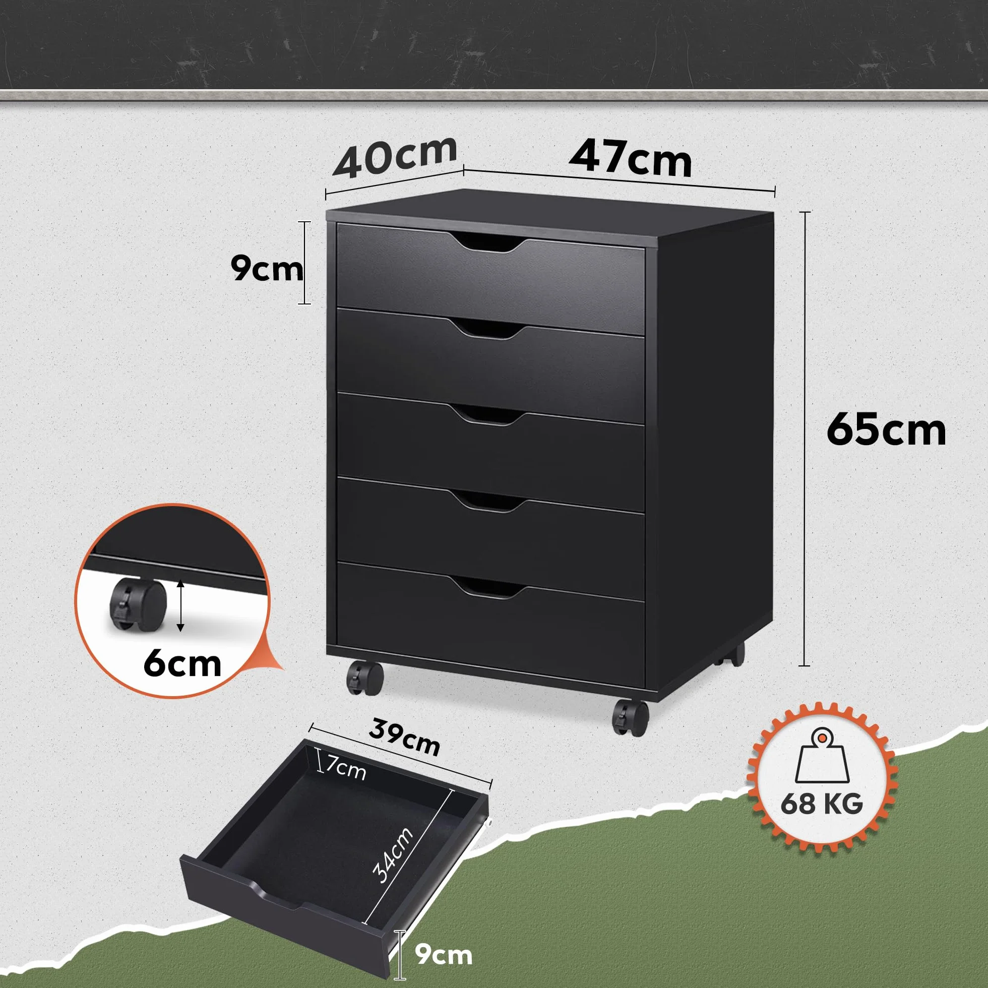 DEVAISE Archivio a 5 Cassetti, Mobile Sottoscrivania in Legno per Documenti A4/Letter/Legal, Nero