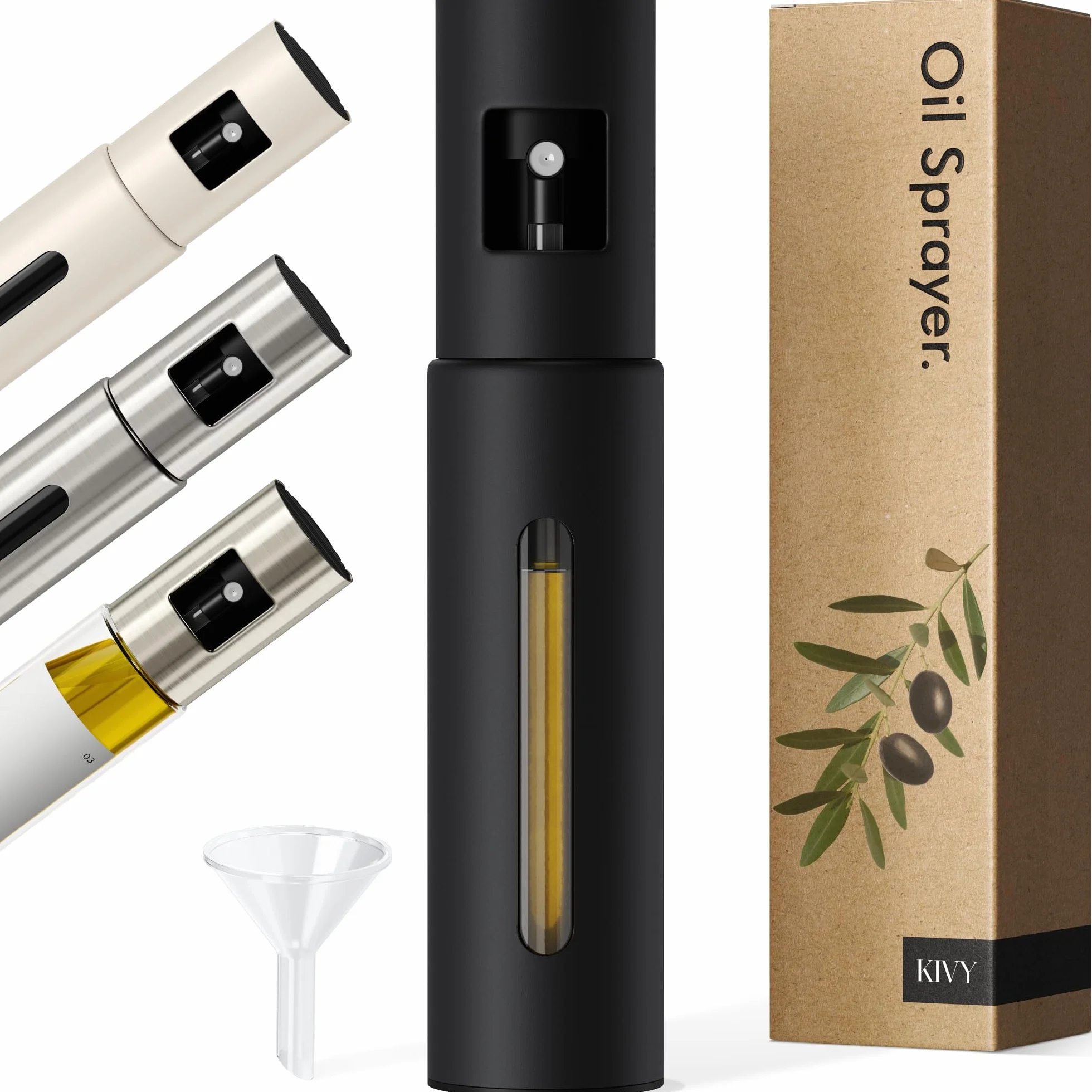KIVY Spruzzatore di Olio in Vetro per Cucina – Bottiglia Spray Precisa per Olio e Aceto – Bottiglia Spray con Imbuto – Perfetta per Cucinare e Friggitrice ad Aria (Nero)