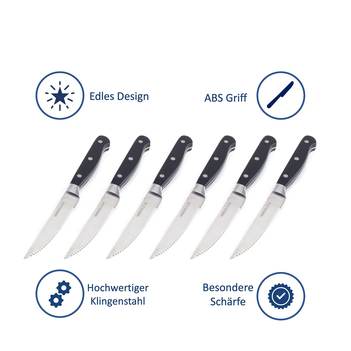 Hanseküche Set di Coltelli da Bistecca – 6x Coltelli da Bistecca di Alta Qualità con Manico in Legno – Elegante Set di Posate in Acciaio Speciale Inossidabile con Lama Seghettata e Confezione Regalo