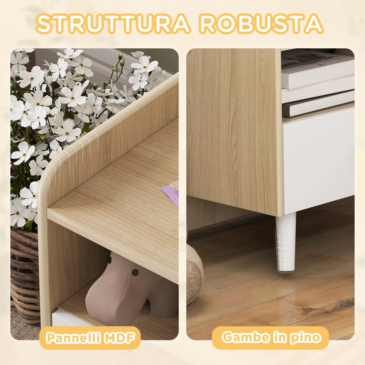 AIYAPLAY Comodino con Cassetto per Bambini 3-10 Anni dal Design Minimal, Comodino per Camera da Letto in MDF e Legno di Pino, 40x32.5x40 cm, Bianco e Legno Naturale