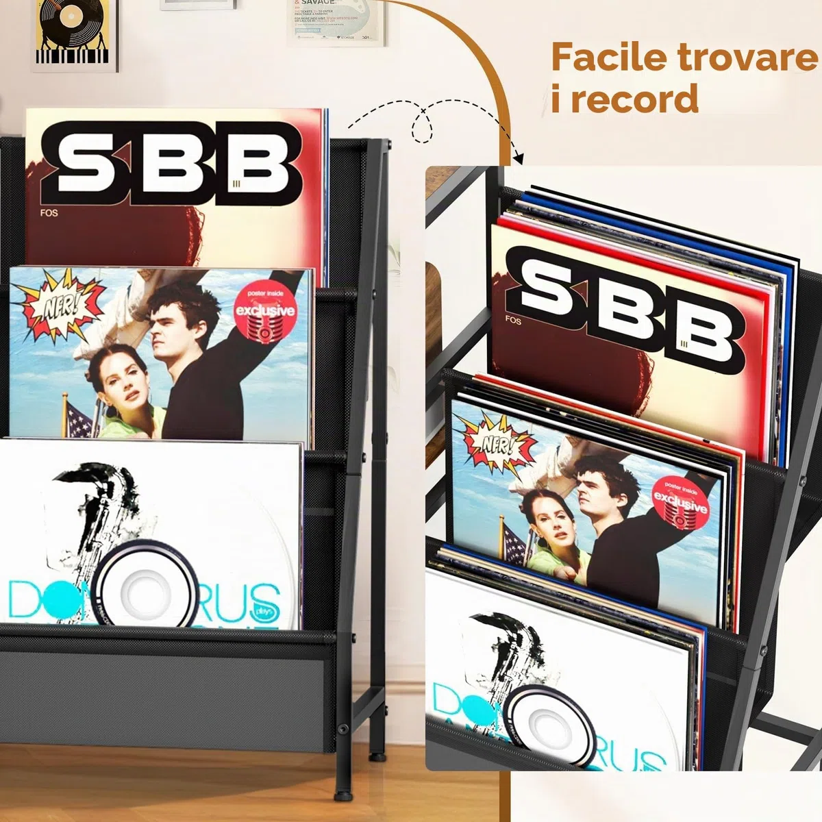 Supporto per giradischi, Tavolo a 3 livelli, Stoccaggio di dischi in vinile fino a 200 album, 123 * 30 * 73 cm, Supporto per giradischi per l'esposizione e l'archiviazione in soggiorno, camera