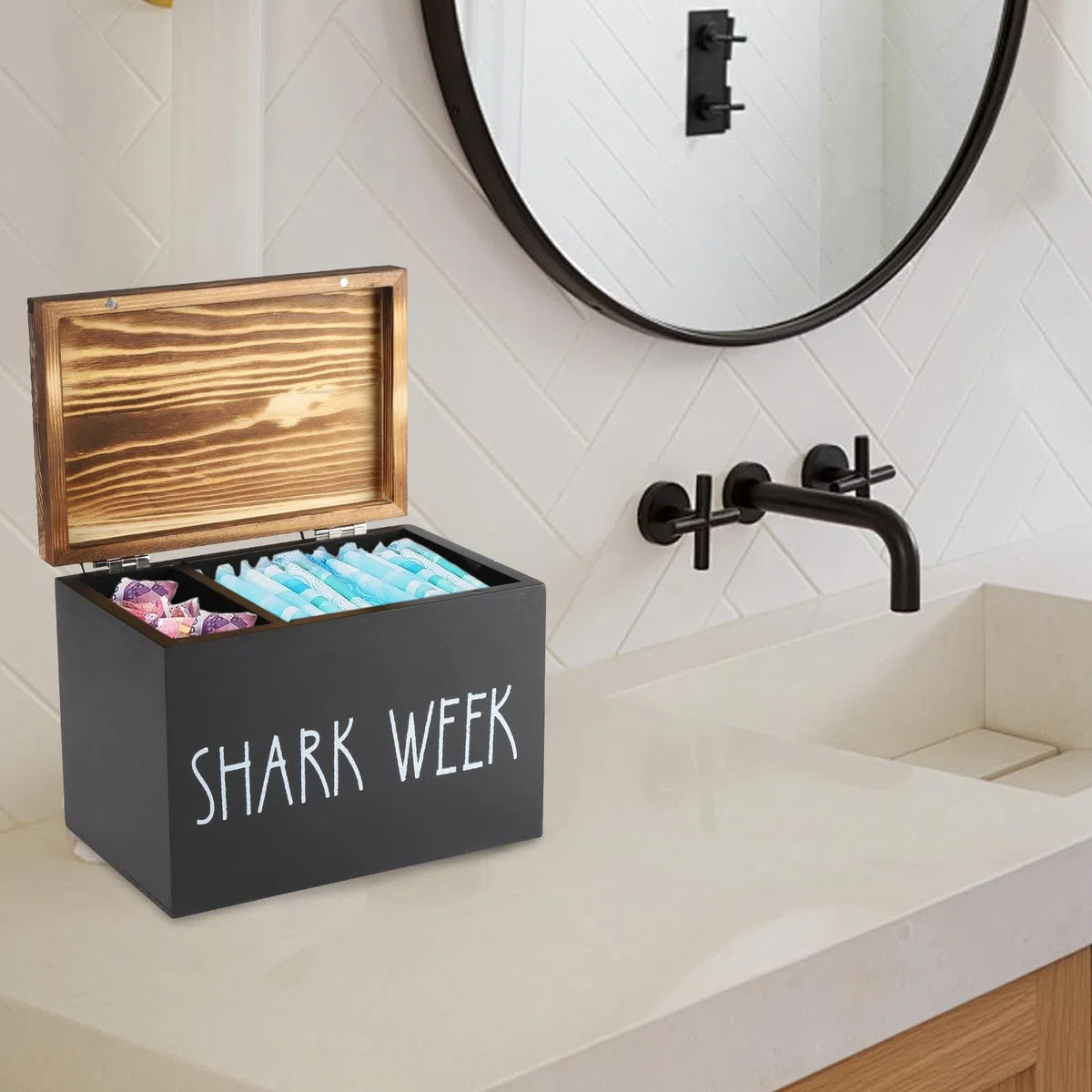 Porta Cotton Fioc per Bagno con Coperchio, Scatola Organizzatrice 2 Scomparti in Legno Rustico - Contenitore per Igiene Femminile, Tamponi, Assorbenti, Cosmetici, Accessori Bagno
