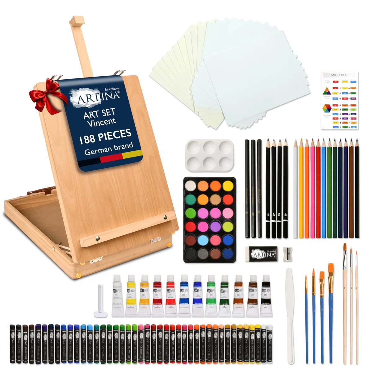Artina 188 Pezzi Set Pittura per Bambini e Adulti Vincent – Kit Pittura Completo con Cavalletto e Valigetta in Legno FSC®, Colori Acrilici, Acquerelli, Pastelli – Set per Dipingere Professionale
