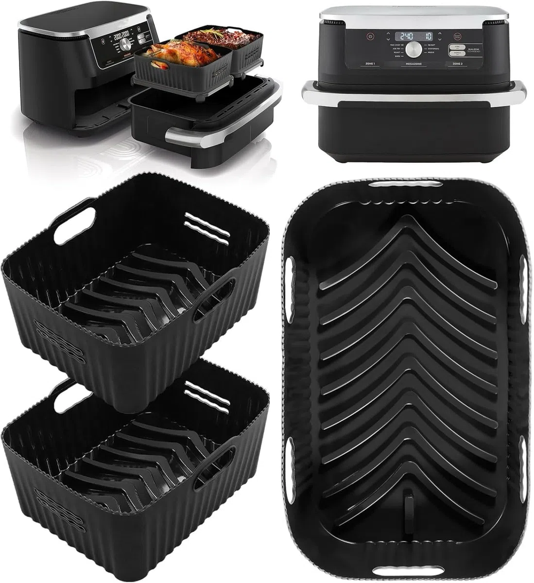 3PCS Accessori Friggitrice ad Aria in Silicone, Rettangolare Teglie Cestino Friggitrice ad Aria per Ninja AF500EU, COSORI 10L, Riutilizzabile Contenitori per Friggitrice (1 * 10,4 l+2 * 5,2 l)